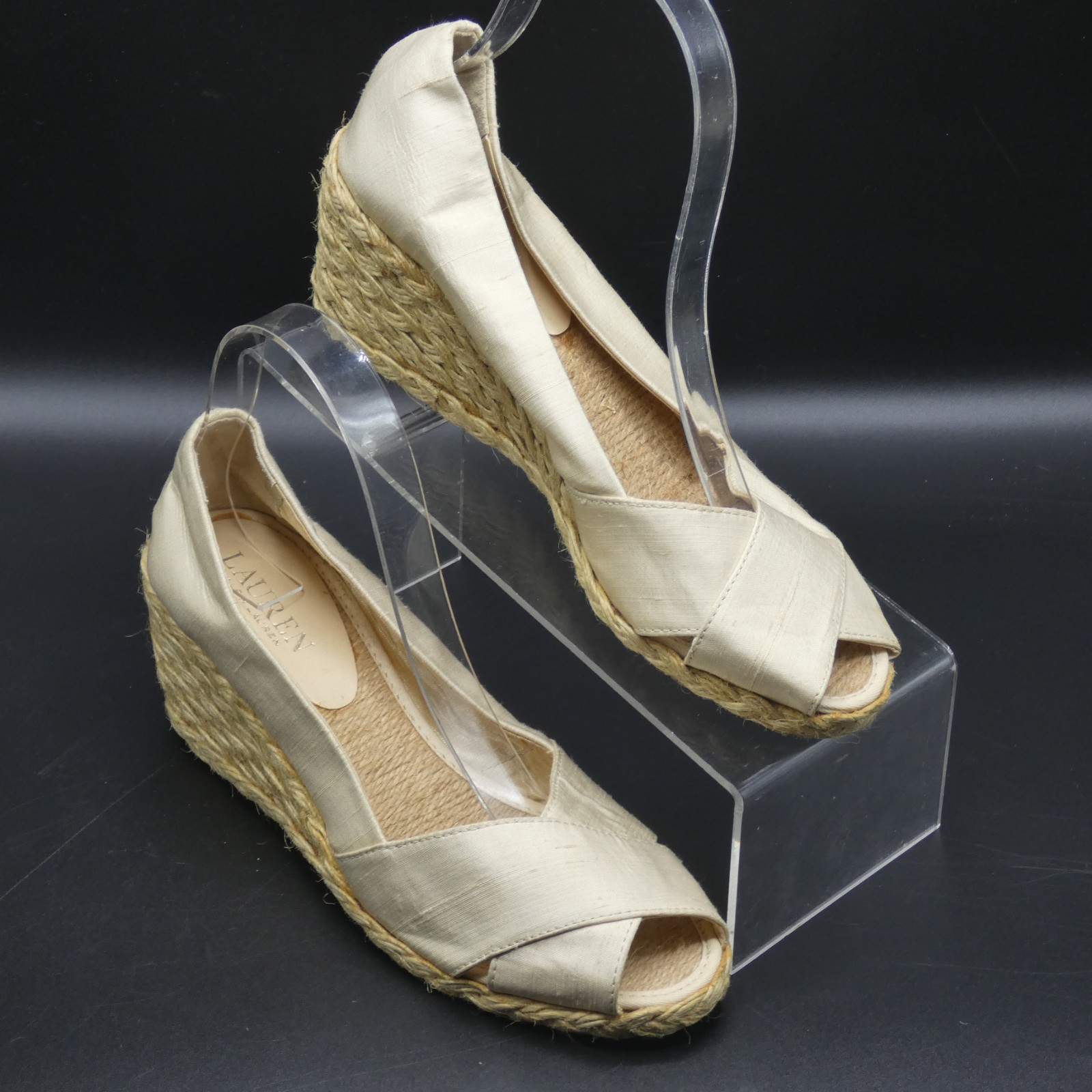 Lauren Ralph Lauren Cecilia Tan Beige Shantung Peep Toe Espadrille Wedge Size 7