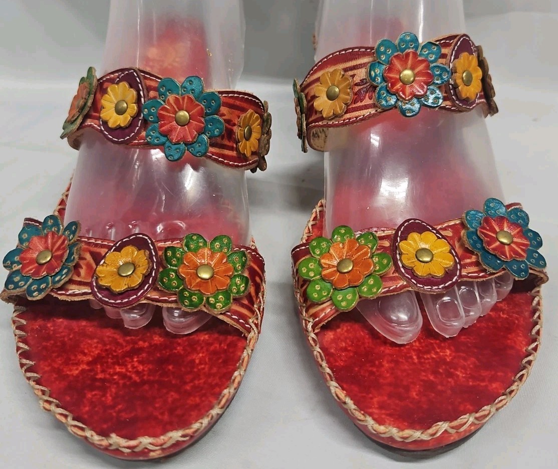 Spring Step Ambrosia Leather Red Slide Heel Sandals Flowers EU 39 US Sz 8.5 READ