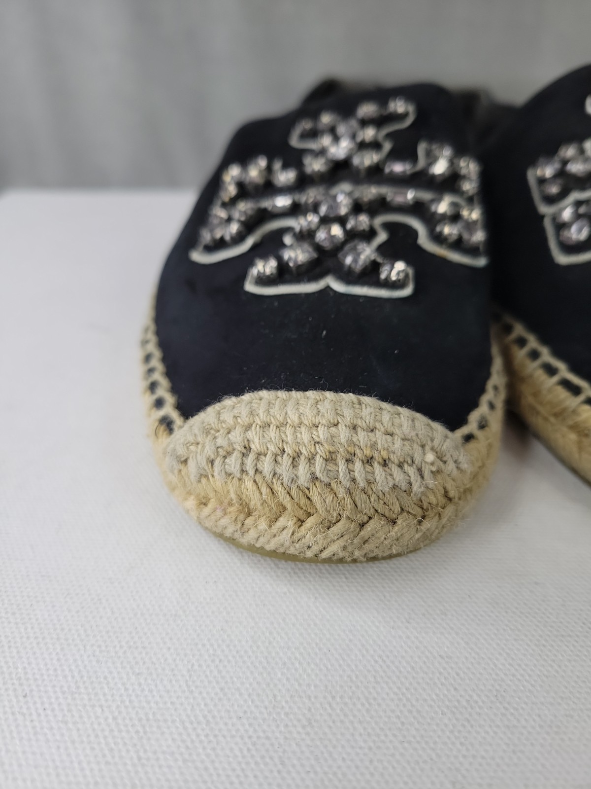 Tory Burch Women’s Black Leather Eleanor Tonal Logo Espadrilles Shoes Size 10.5