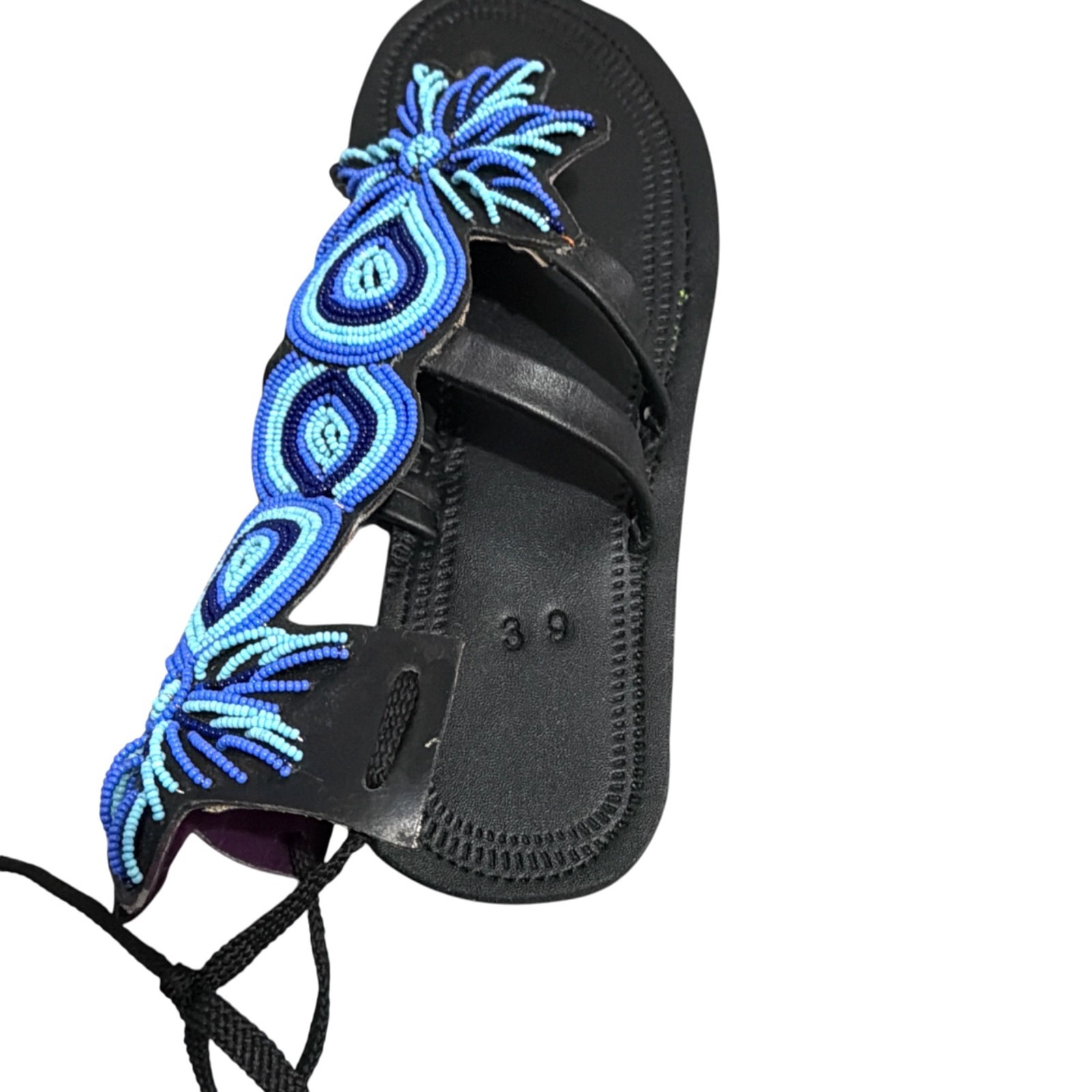African Sandals Womens 8.5 Black Leather Masai Beadwork Gladiator Tribal Artsy