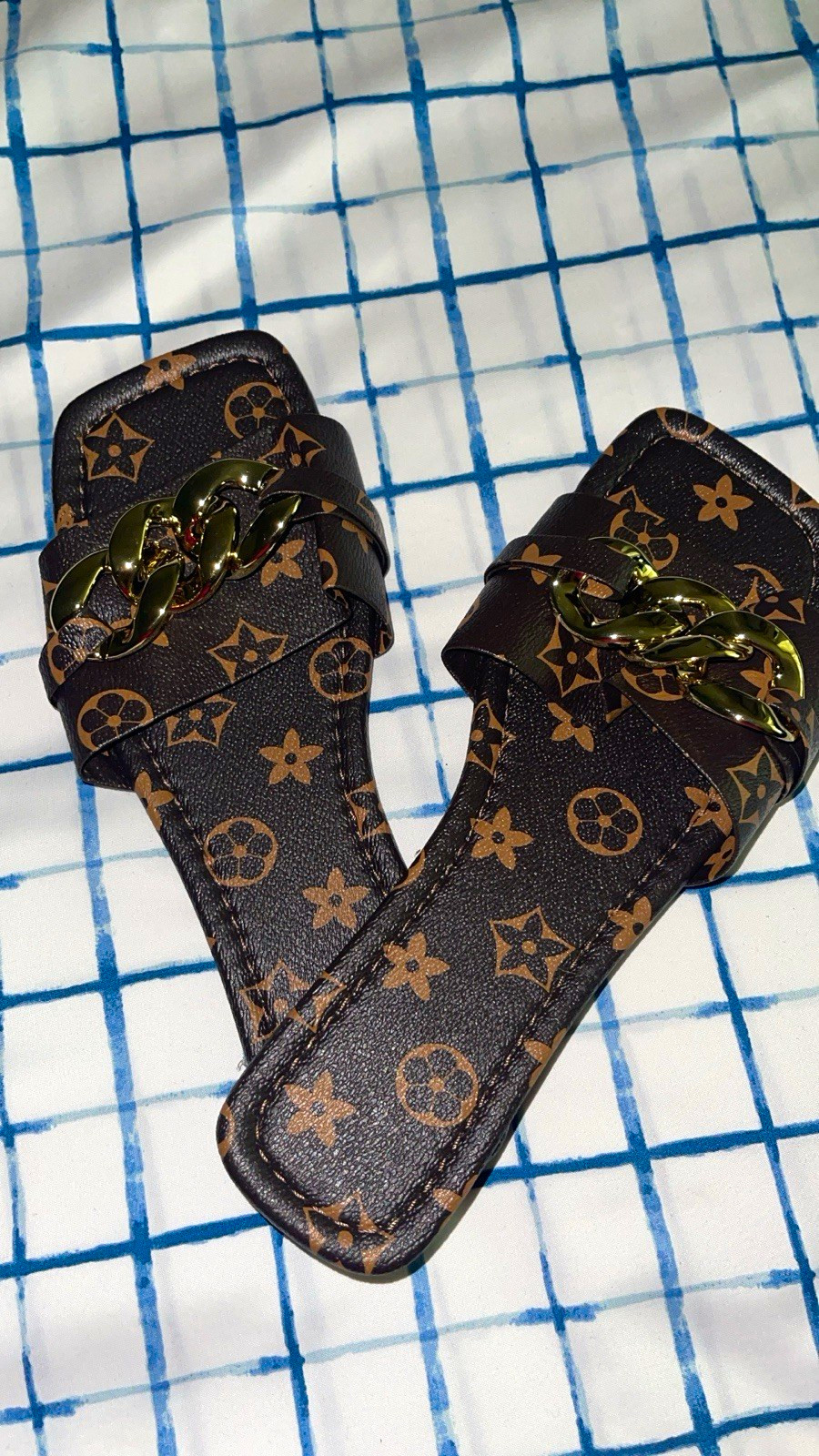 Women’s Brown/Black Logo Leather Slide Sandals Chain Strap Slip-On Flat 6.5