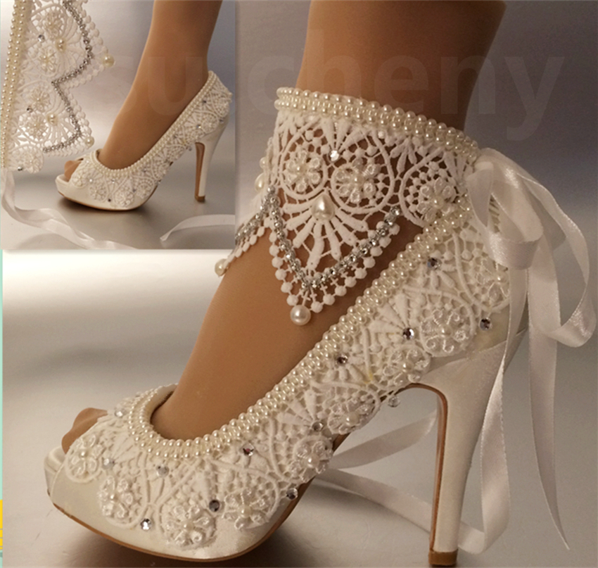 su.cheny 3″ 4″ heel satin white ivory lace anklet open toe Wedding Bridal shoes