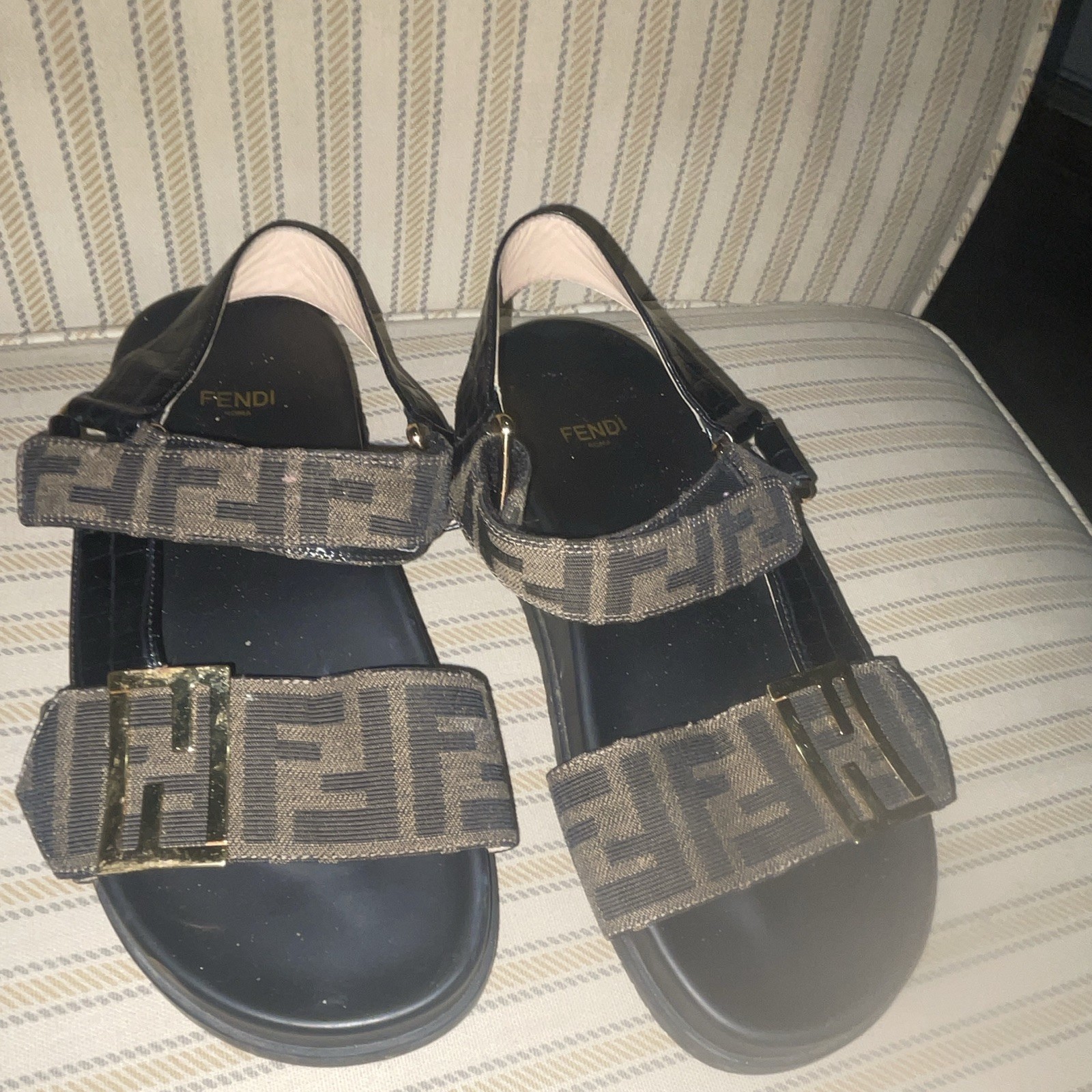 Fendi FF Logo Strappy Leather Sandals Brown/Black Hook & Loop EU 36 US 6.5
