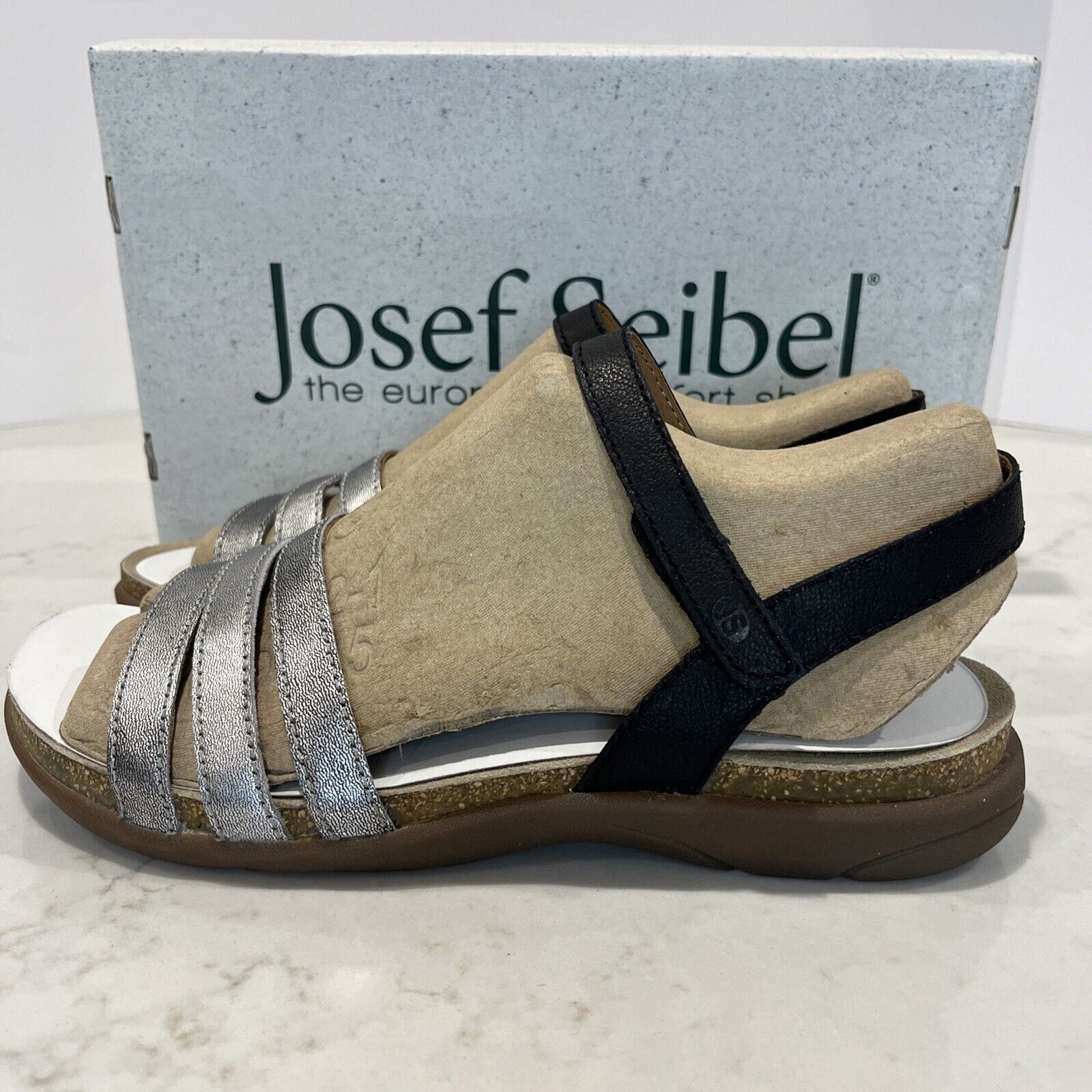 Josef Seibel NEW Sandals Riley Strappy Comfort Shoes Silver Black Cork EU42 US11