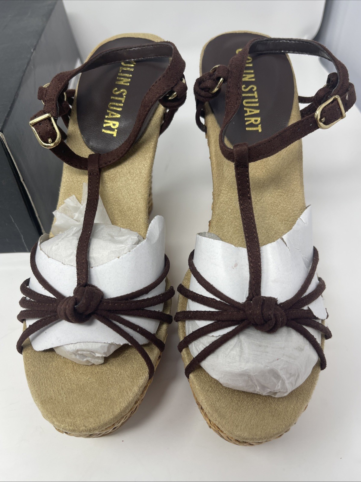 Colin Stuart Isabella-Knot Wedge Leather Strappy Sandals Brown W/ Box Small Flaw