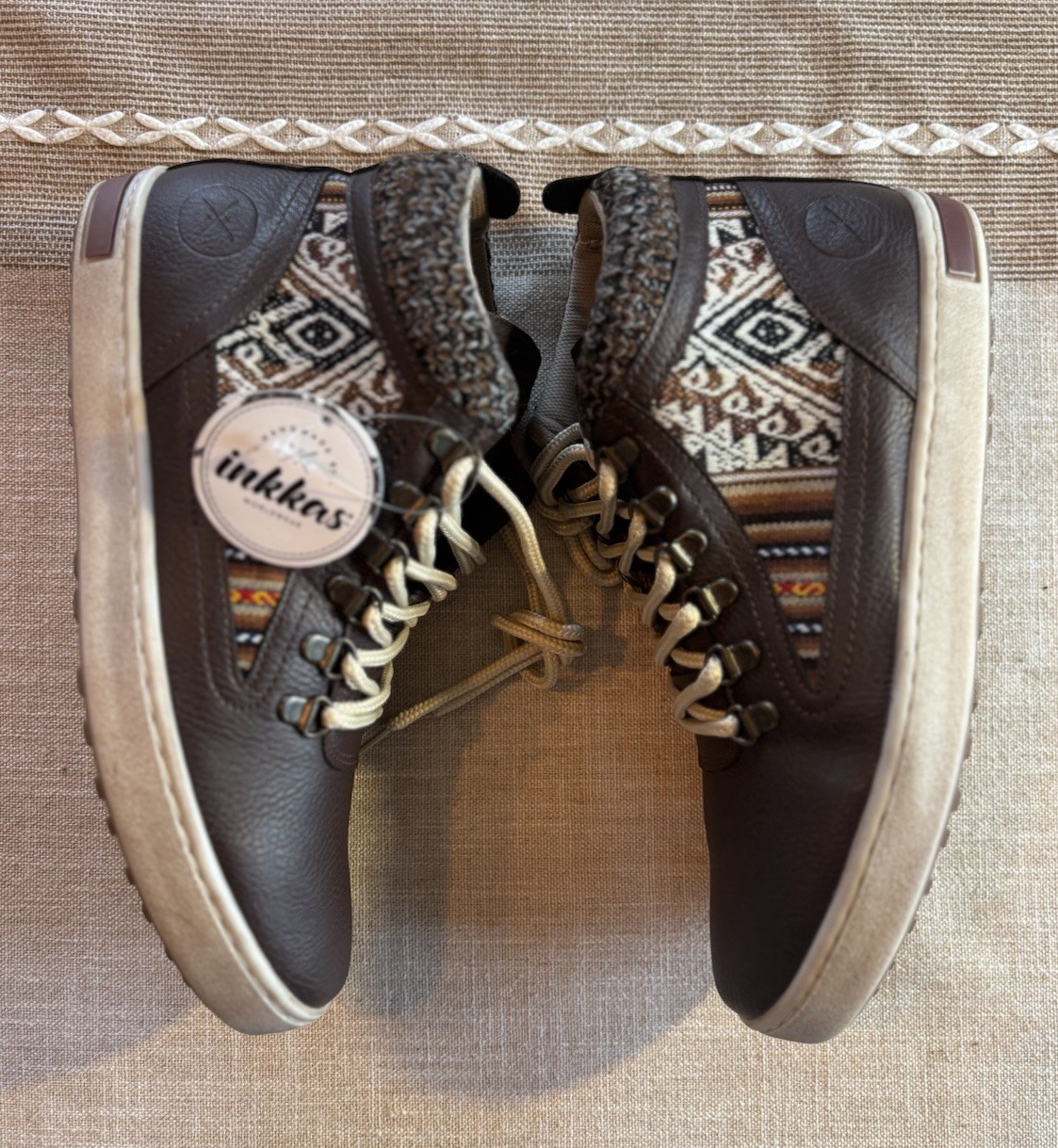Inkkas Brown Vegan Leather Camping Boot Peruvian Print Knitted Wmn 10 EU 41 NWB