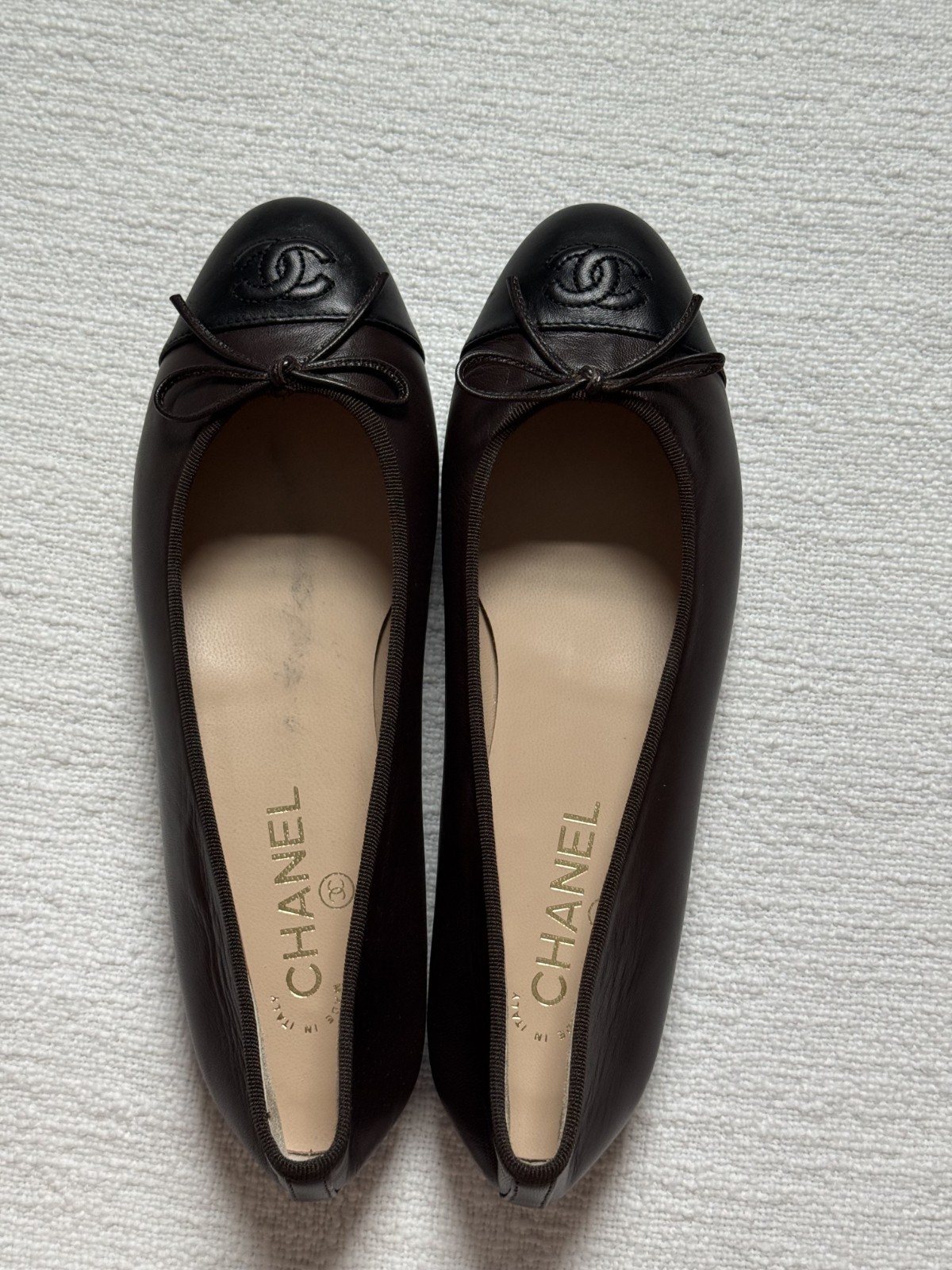 CHANEL Ballet Flats, Brown & Black Lambskin CC Cap Toe (G02819 X01000) w/ Box