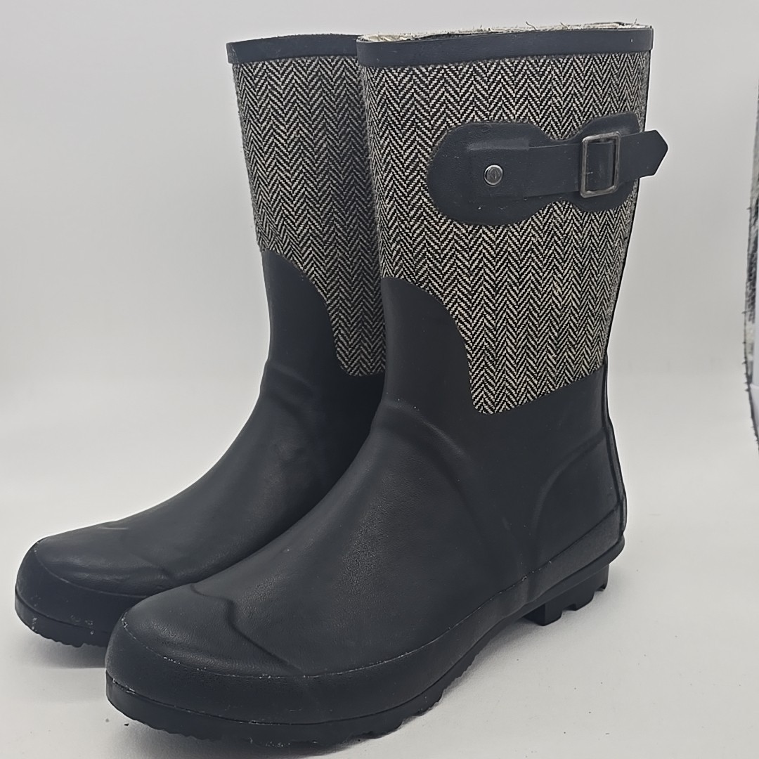 Chooka Classic Mid Cafe Racer Herringbone Boots Black Gray Womens 8 New