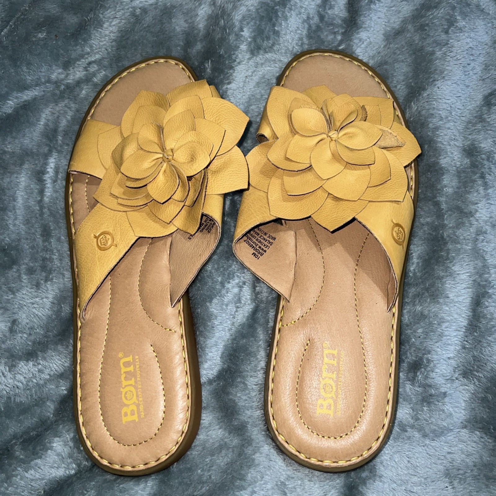 BORN Leather Golden Yellow Flower Rose Sandals Flat Slip On Size 10M