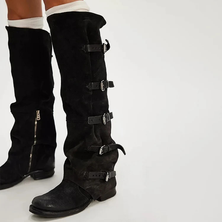 Vegan Suede Buckle Strap Round Toe Slouch Over The Knee Boots FSJ202310051B