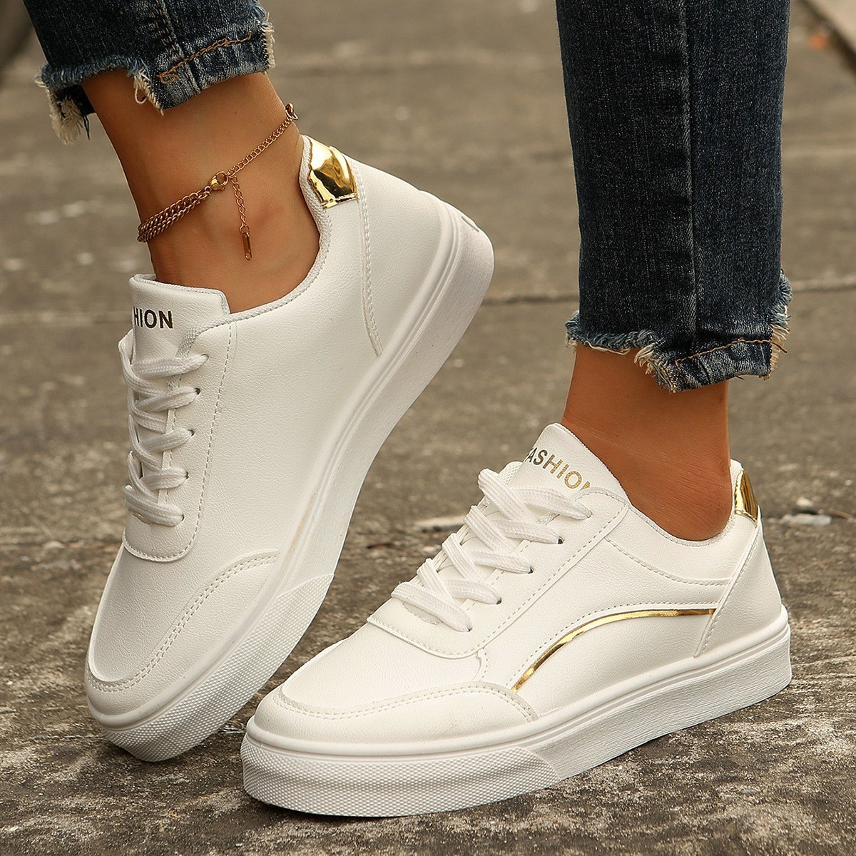 Women’s White Leather Lace-Up Sneakers Round Toe Thick Sole Casual Shoes