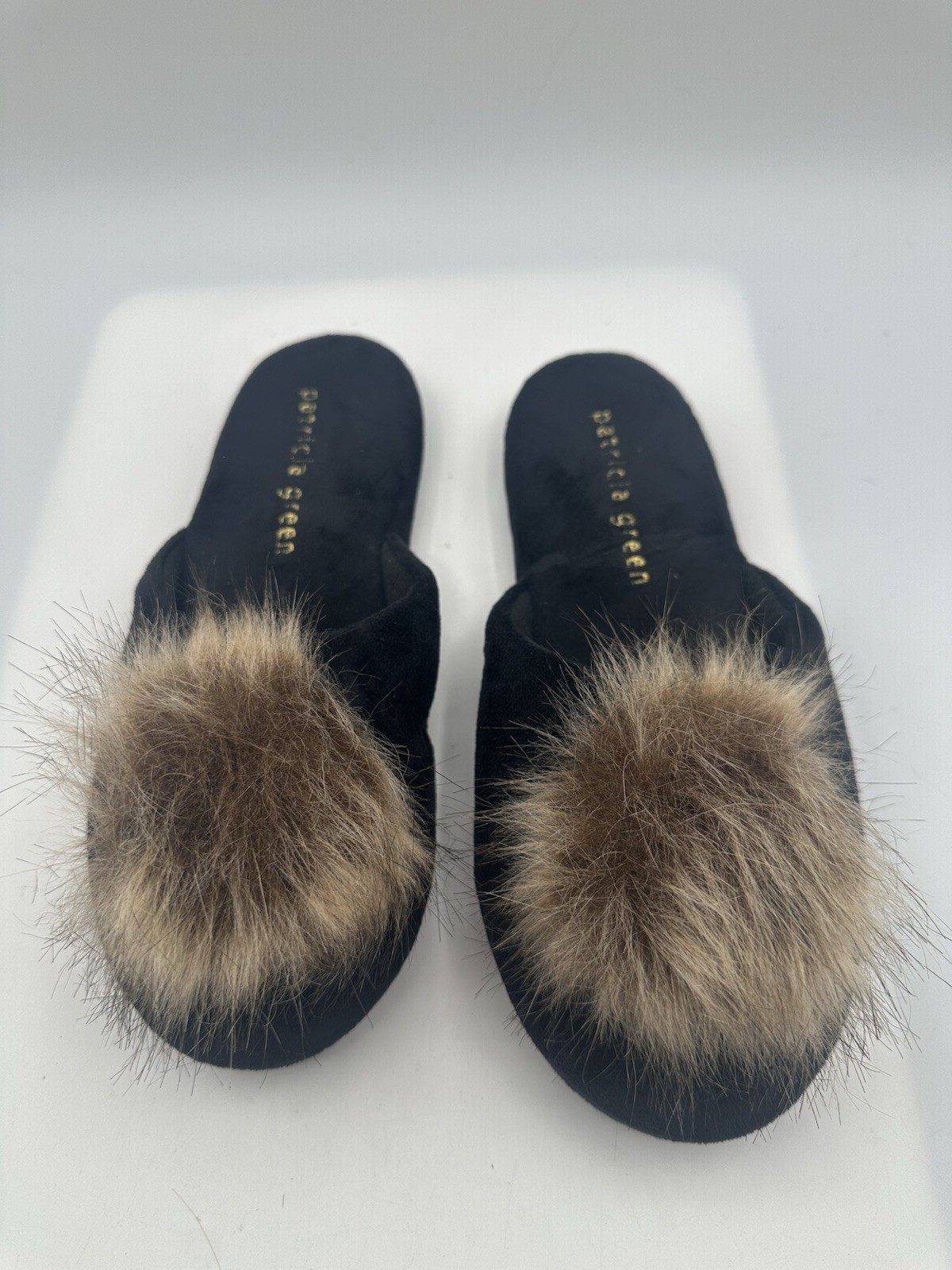Patricia Green Pretty Pouf Slippers Black Velvet Brown Pom Pom Women Size M