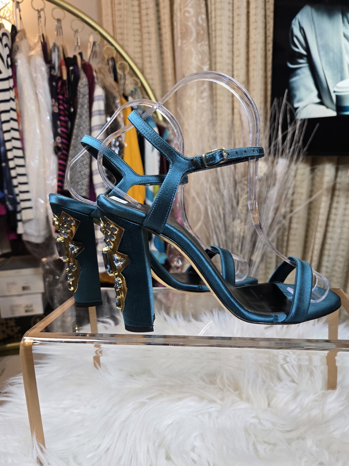 Oscar de la Renta Emerald Satin Lemmy Embellished Ankle Strap Sandals Size 37
