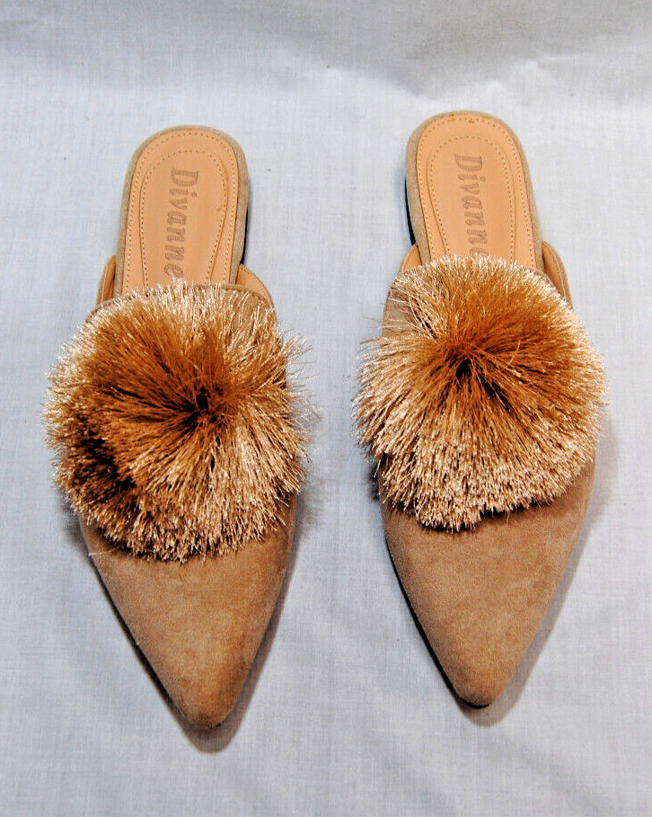 Divanne Womens Slip-On Mules Puff Pompom Backless Pointed Toe Loafers T2366