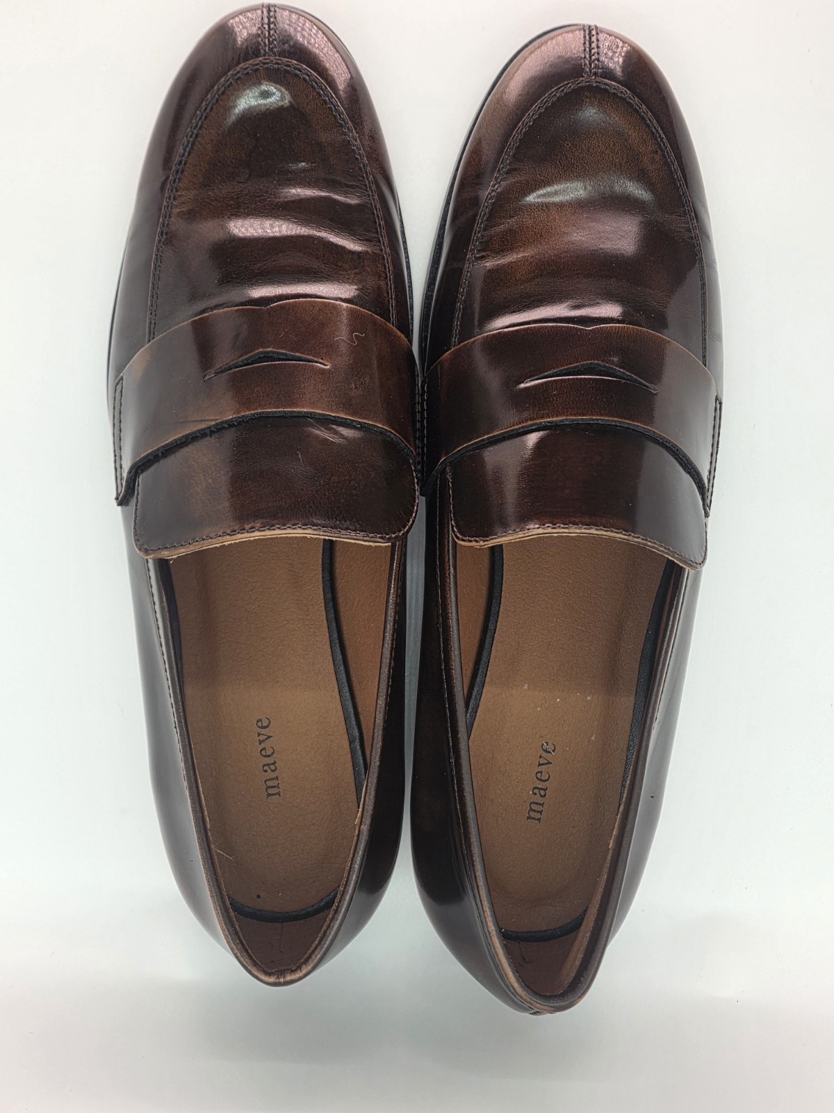 Anthroplogie Maeve Classic Brown Burnished Distressed Penny Leather Loafers 6.5