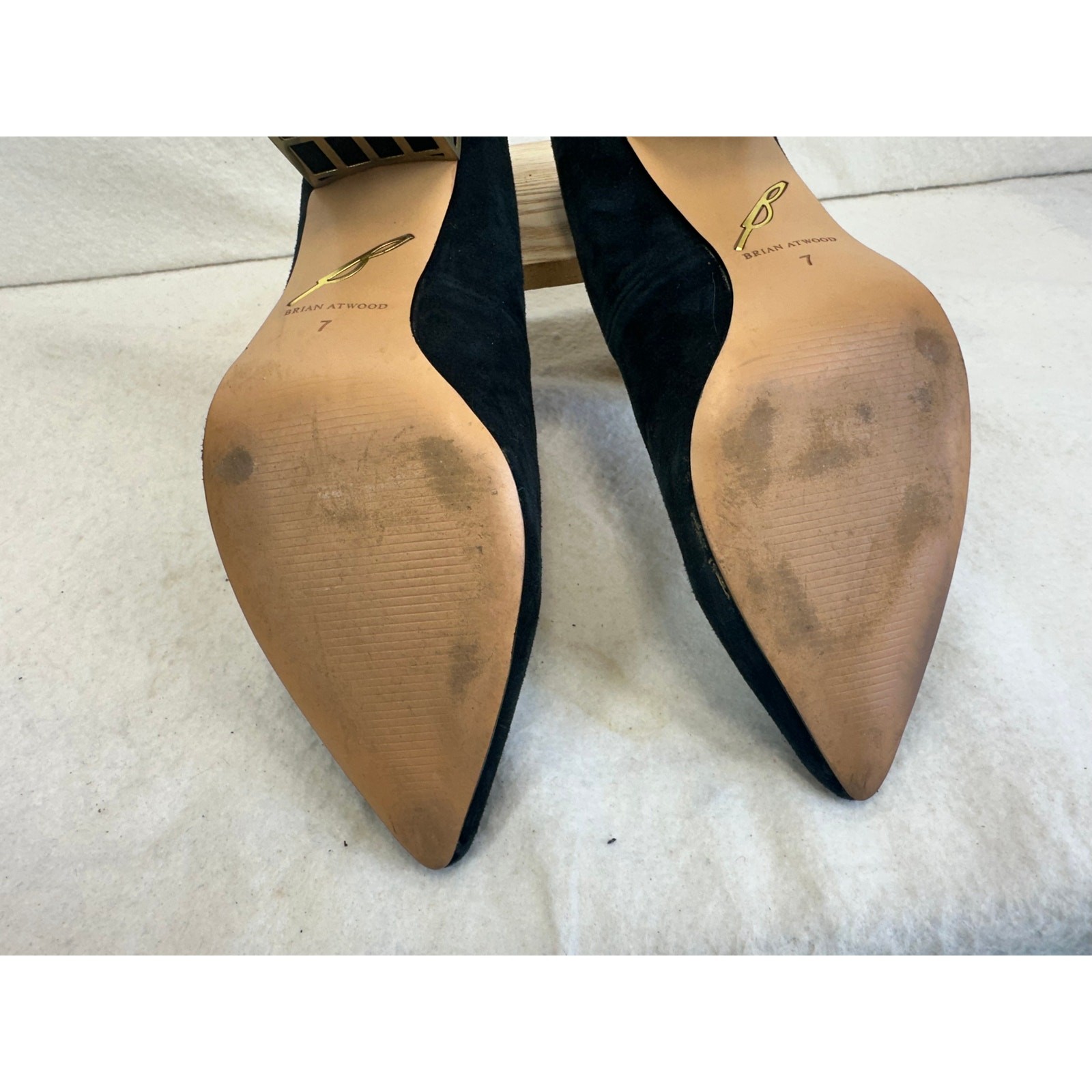 Brian Atwood Karina Black Suede Minimalist Cage-Embellished Block Heel Pump SZ 7