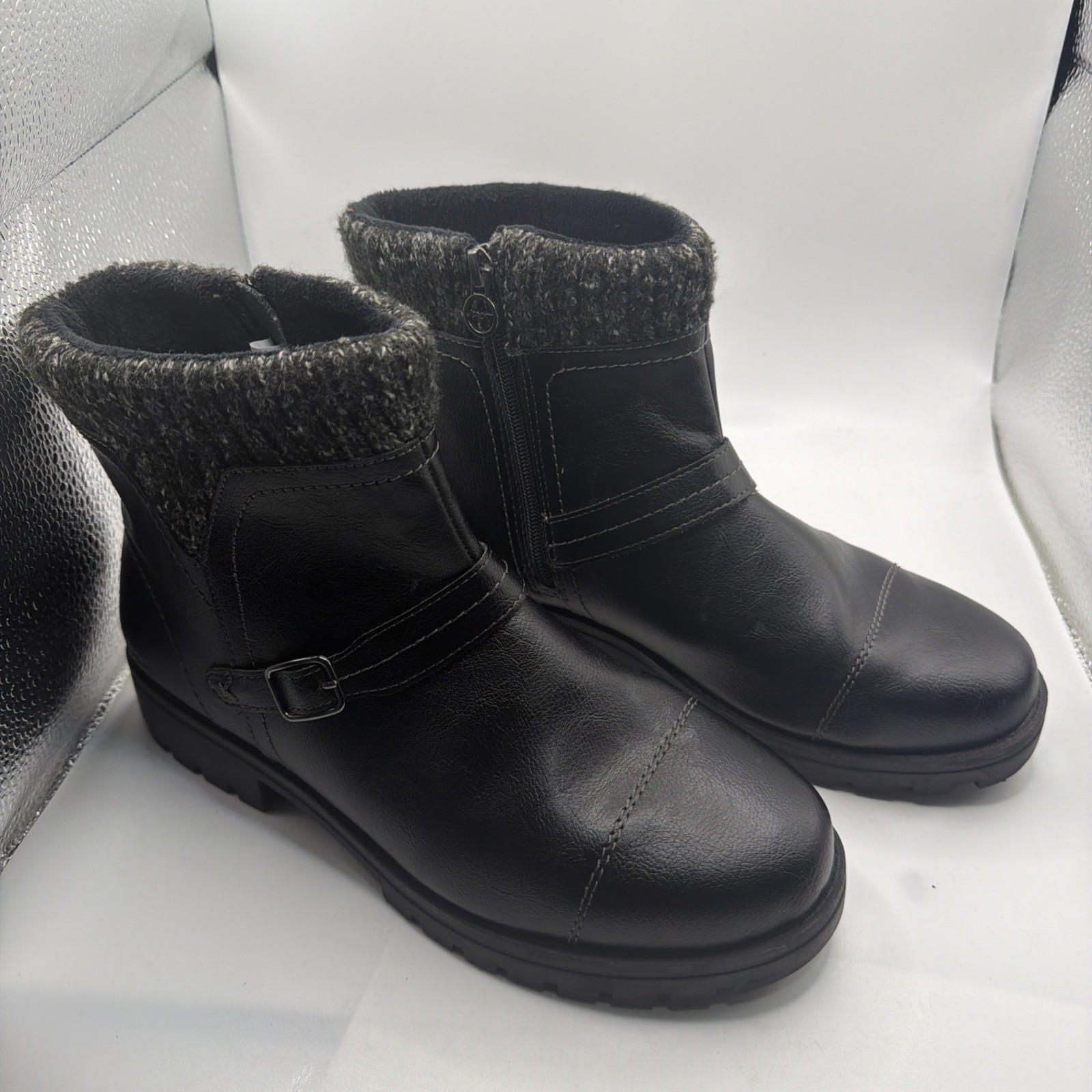 JSport Ankle Boots Womens Black Leather Round Toe Side Zip Buckle Comfort – 10