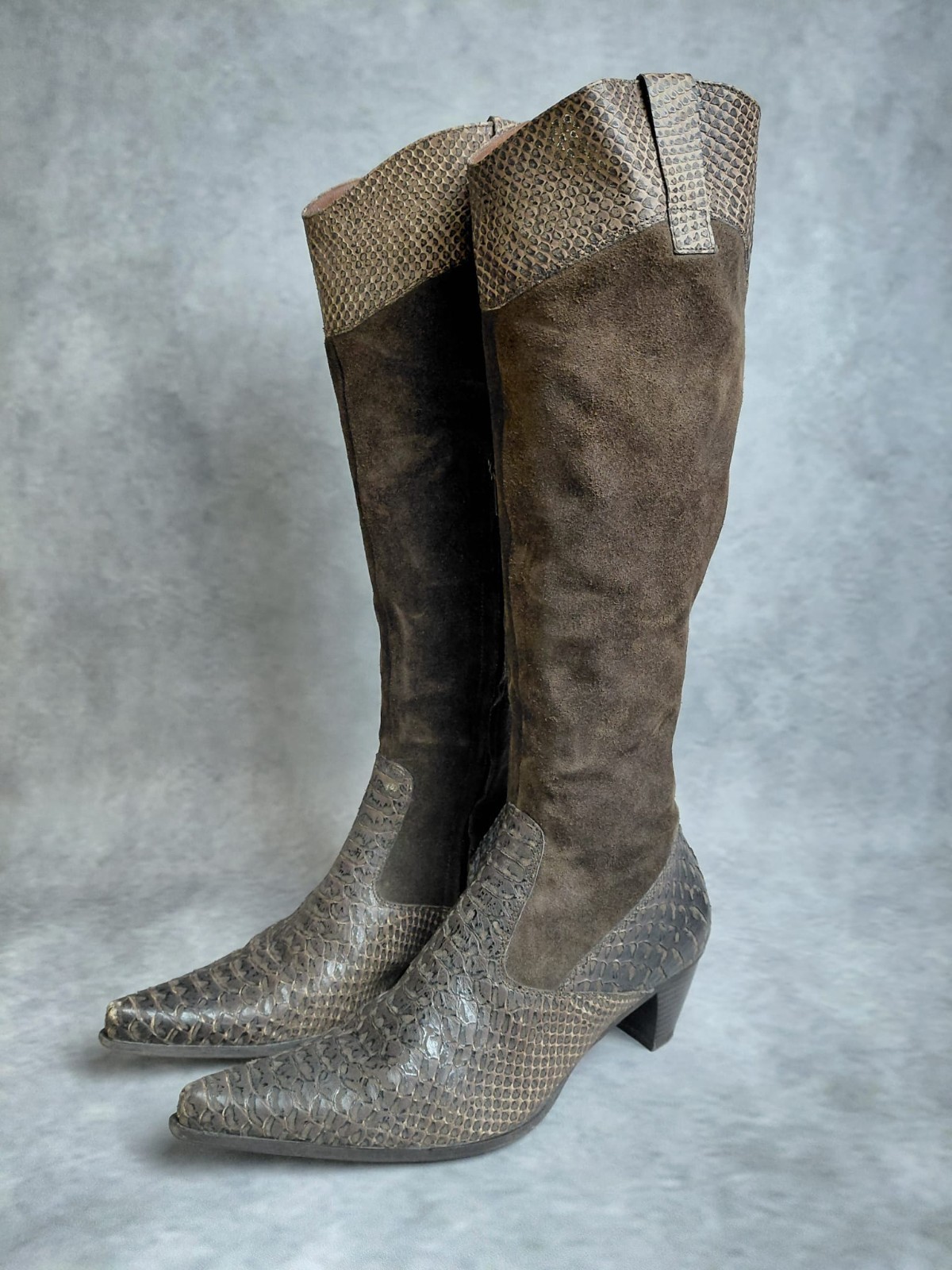 Vintage Brown Suede & Snakeskin Effect Knee High Boots Pointed Toe Women’s EU 37