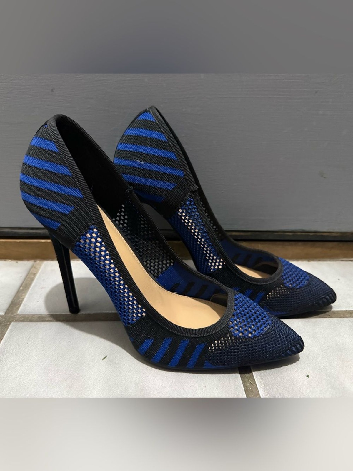 Just Fab “Milly” RoyalBlue Black Striped Mesh Pointed-Toe 5”Stiletto Pumps (9.5)