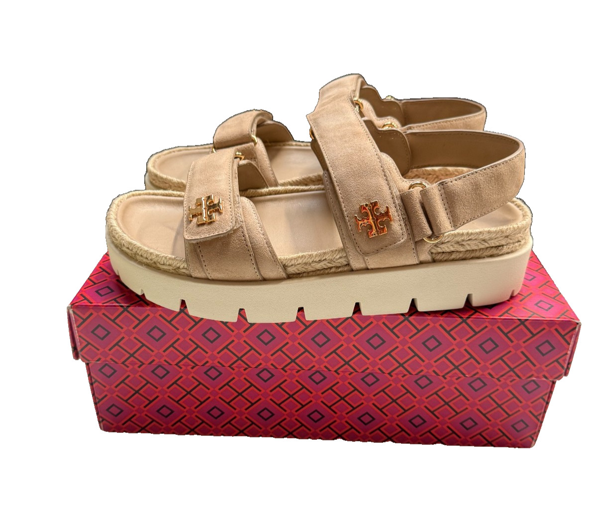 Tory Burch Women’s Kira Sandals, Brown with Gold Logo and White Sole, Sz 8