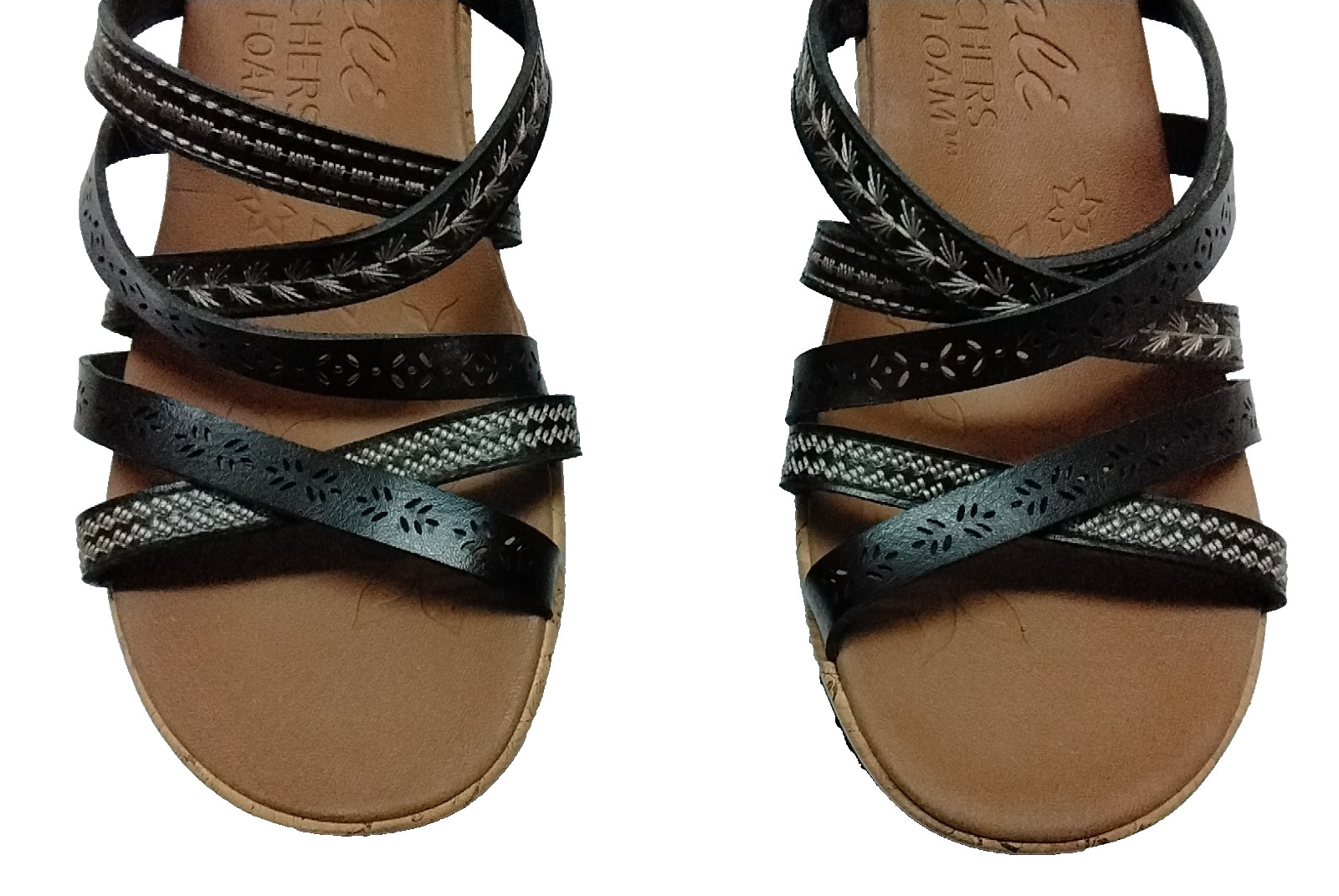 Women’s 10 M CALI From SKECHERS Black Strappy Sandals Luxe Foam Cork Wedge 31714