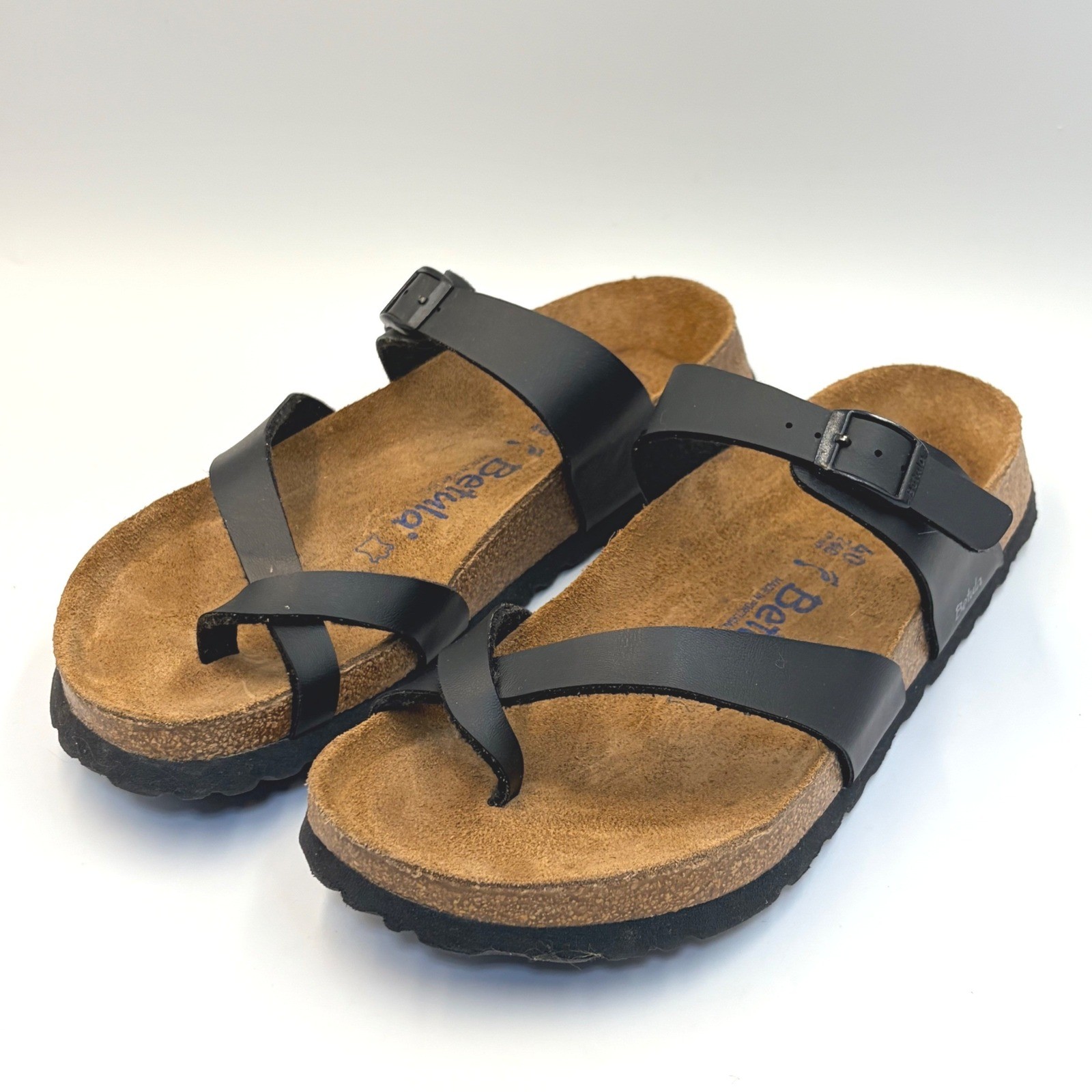 Betula Mia by Birkenstock Black Toe Loop Cork Footbed Sandals Unisex L9 W7 Slide