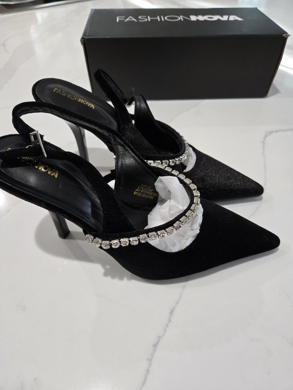 FASHION NOVA Size 7.5 Slingback Kitten Toe High Heels Velvet Pumps Rhinestones
