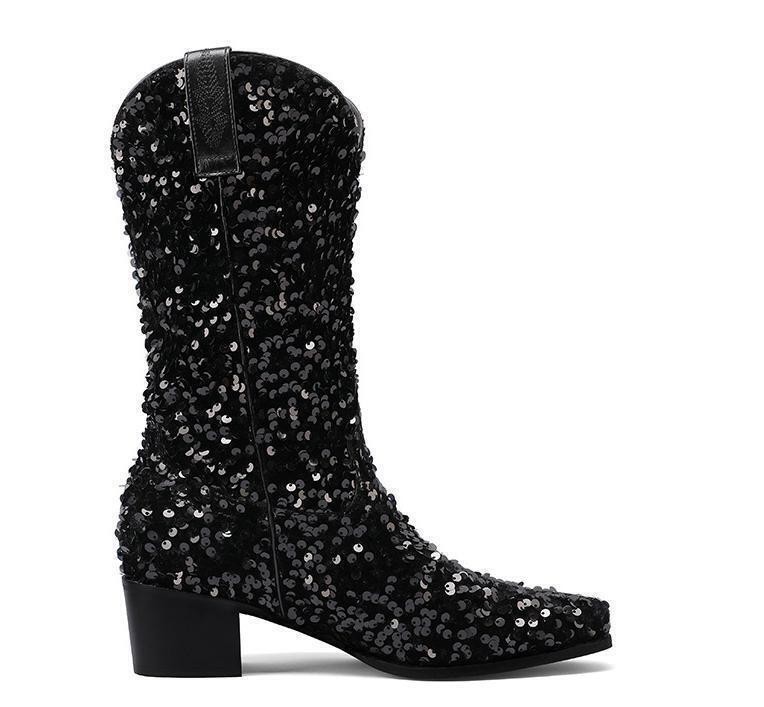 Fashion Women’s Gitter Sequins Pull On Mid Calf Boots Party Formal Casual Shoes
