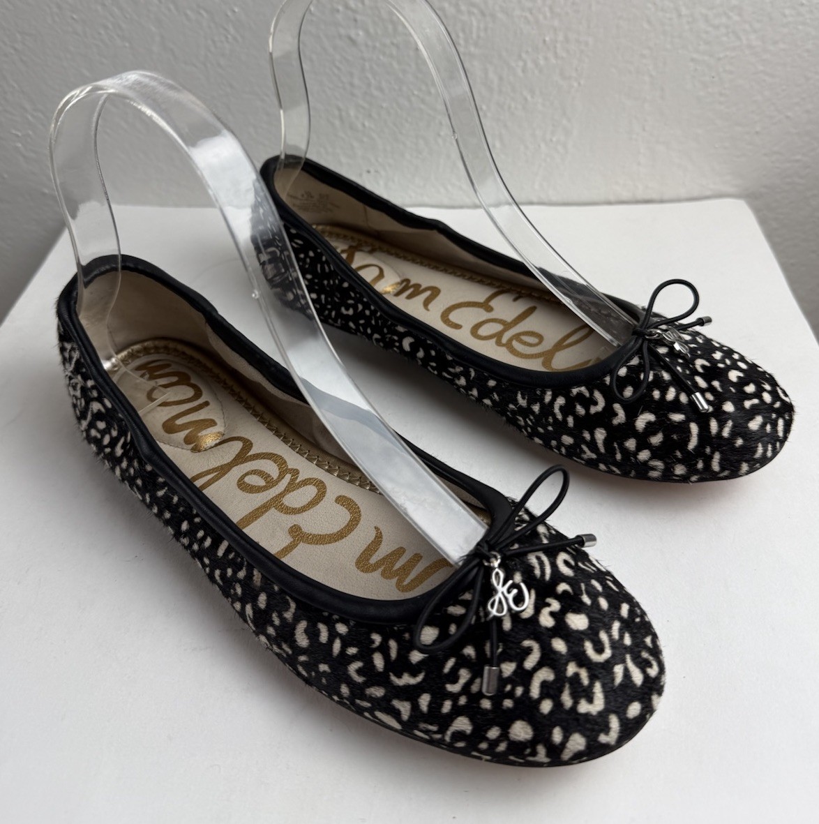Sam Edelman Felicia Black White Fur Ballet Flats Sz 6.5 Animal Print Slip On Bow