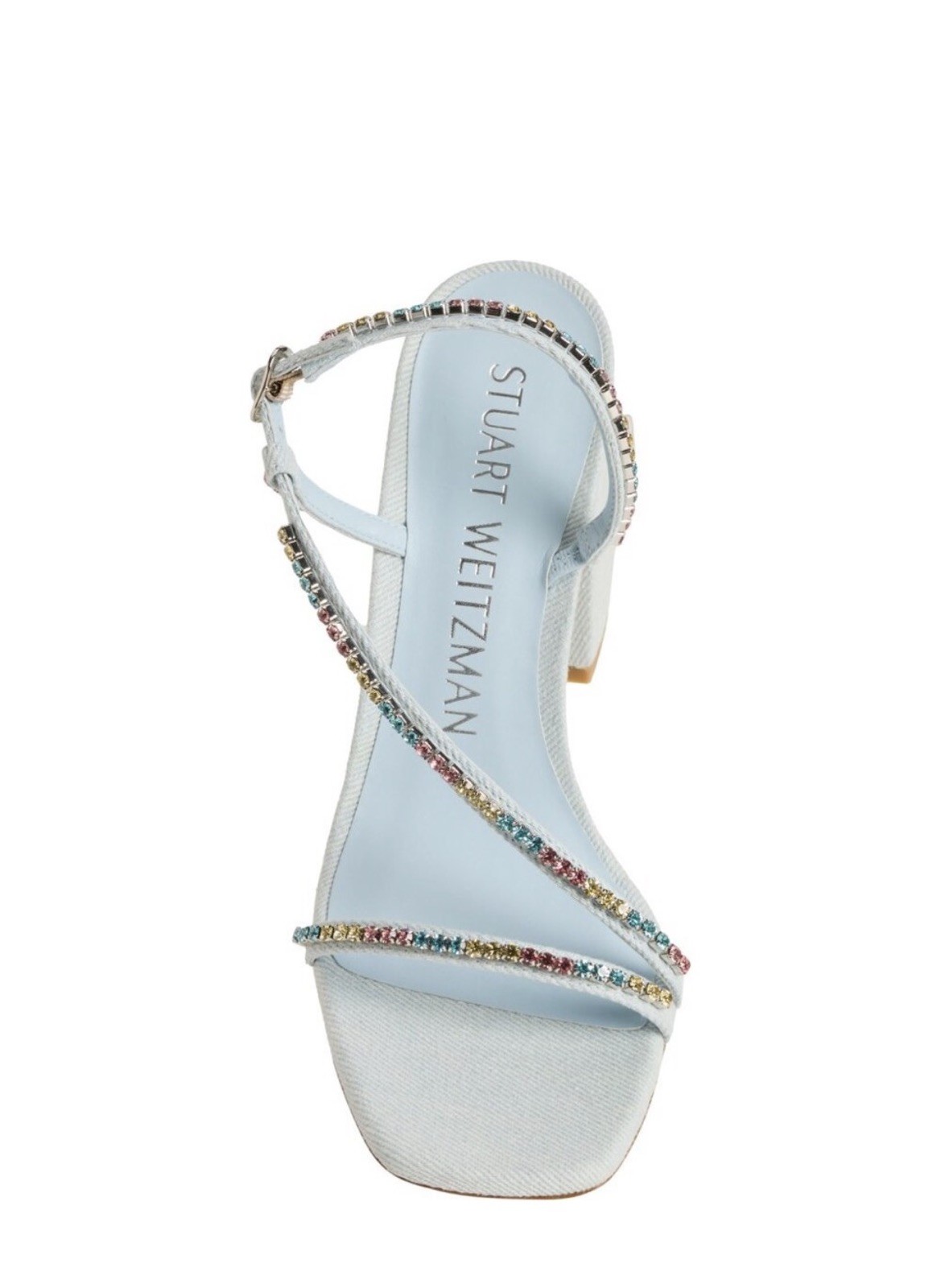 $575 Stuart Weitzman Women’s Blue Soiree Crystal 85 Block Sandal Shoes Size 9