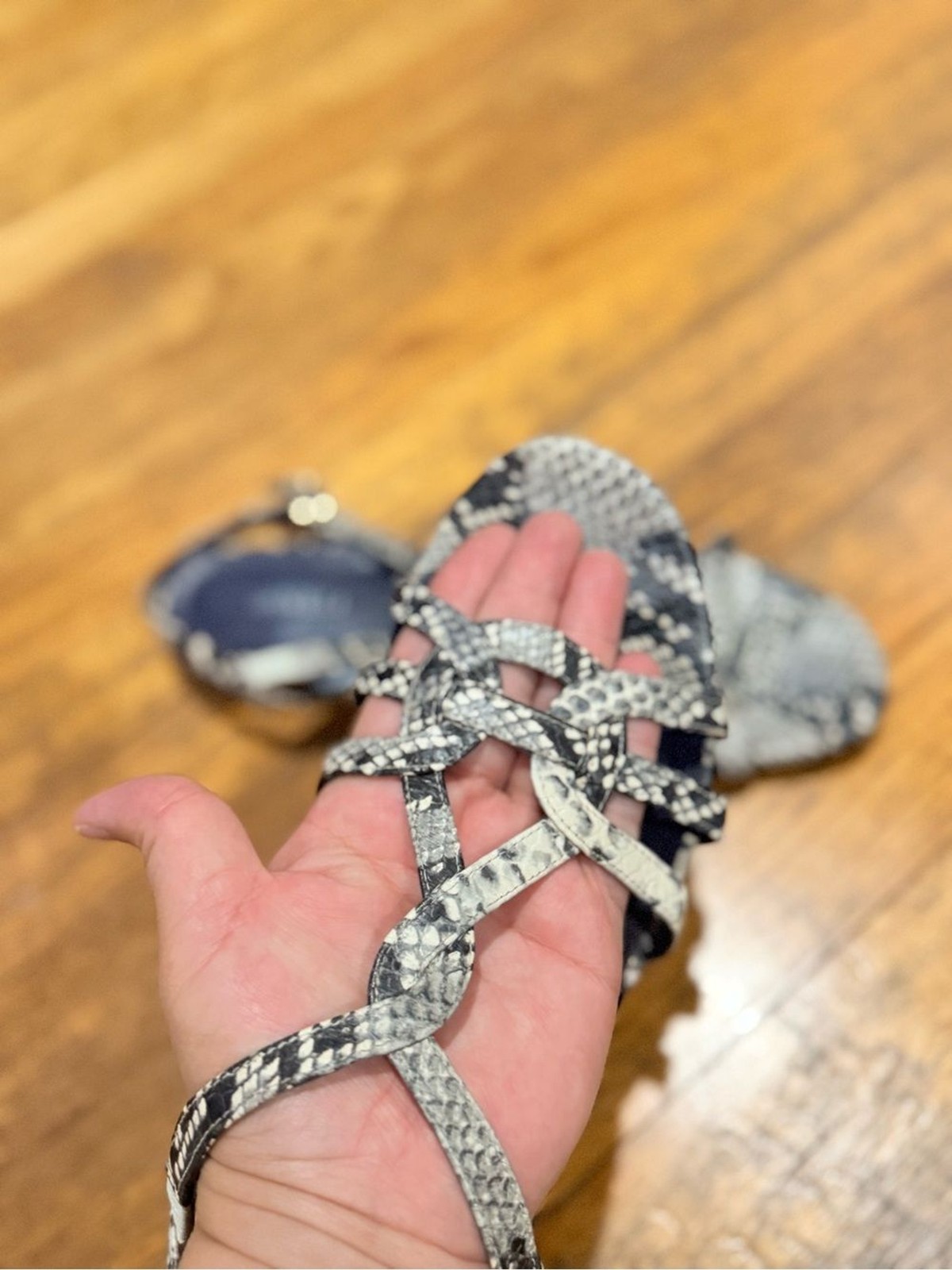 Van Eli Snake Print Strappy Sandals in Black and Gray 10