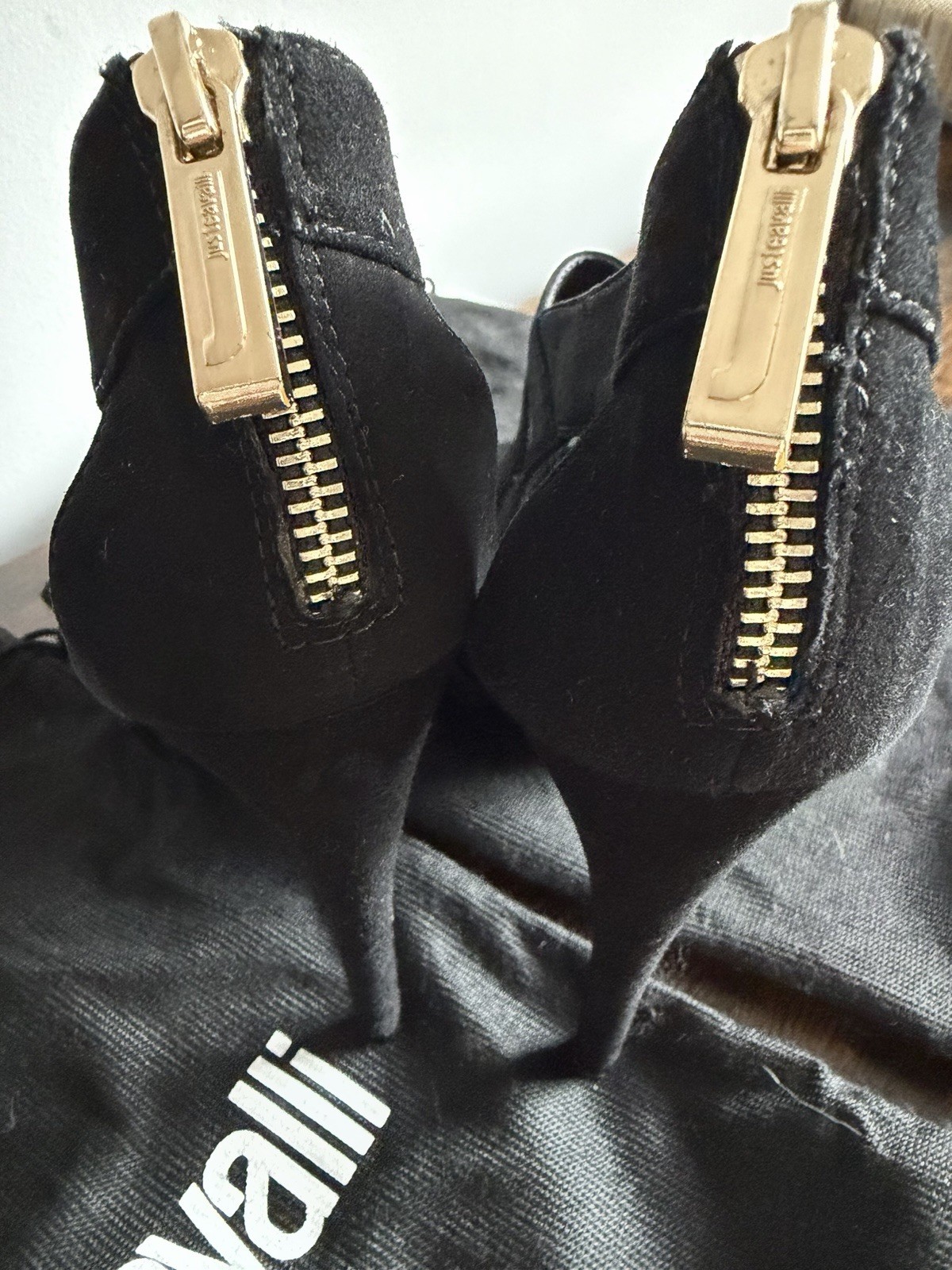 Just Cavalli Black Suede Strappy Stiletto Open Toe Heels Gold Zipper. Size 39