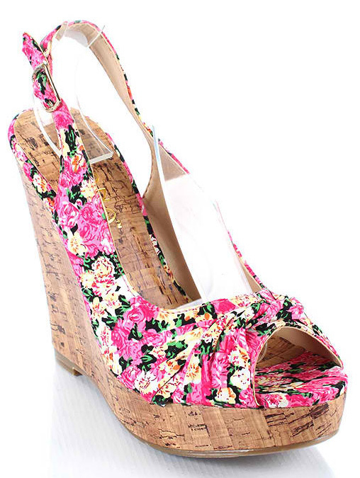 Slingback Platform Wedge Sandal Floral Print Pink Green 5 6 6.5 7 7.5 8 8.5 9 10