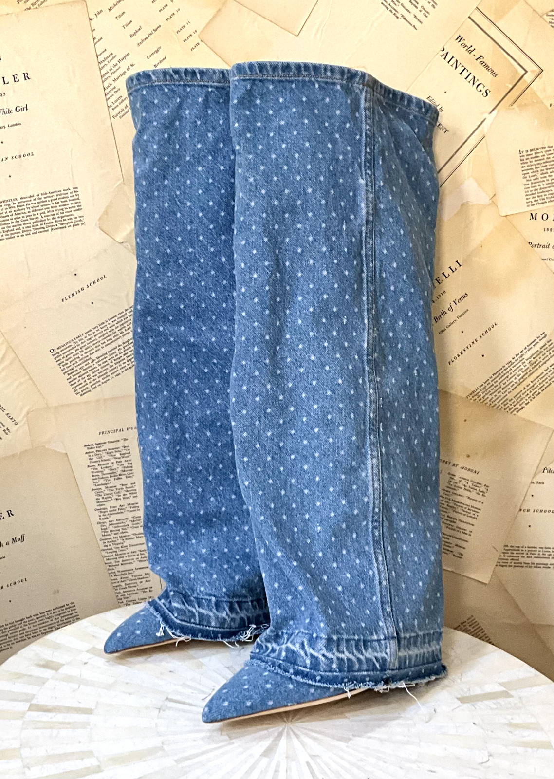 Anthropologie Custommade Anie Dotted Denim Boot Stiletto Heel Pointy 40/9 NEW