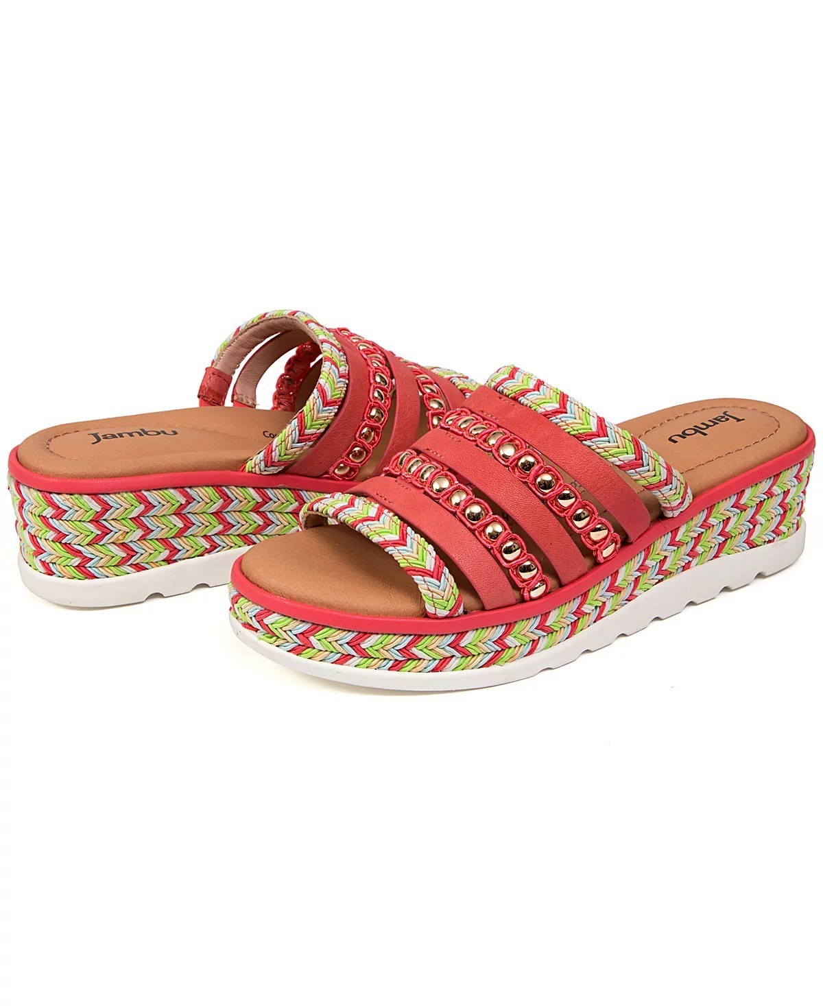 Jambu Women’s Dahlia Leather Woven Stud Platform Wedge Sandals Coral Multi