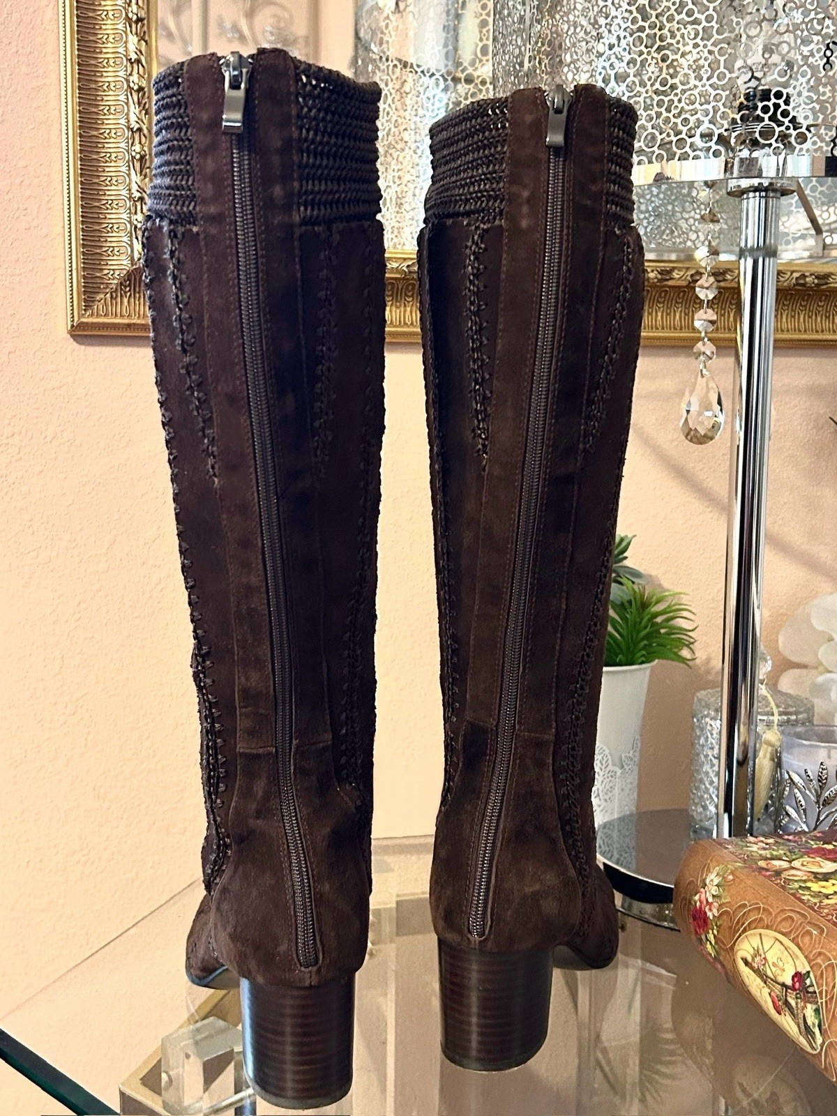 Free People Silent D Brown Suede Macrame Knee High Lace Up Boots Size 41