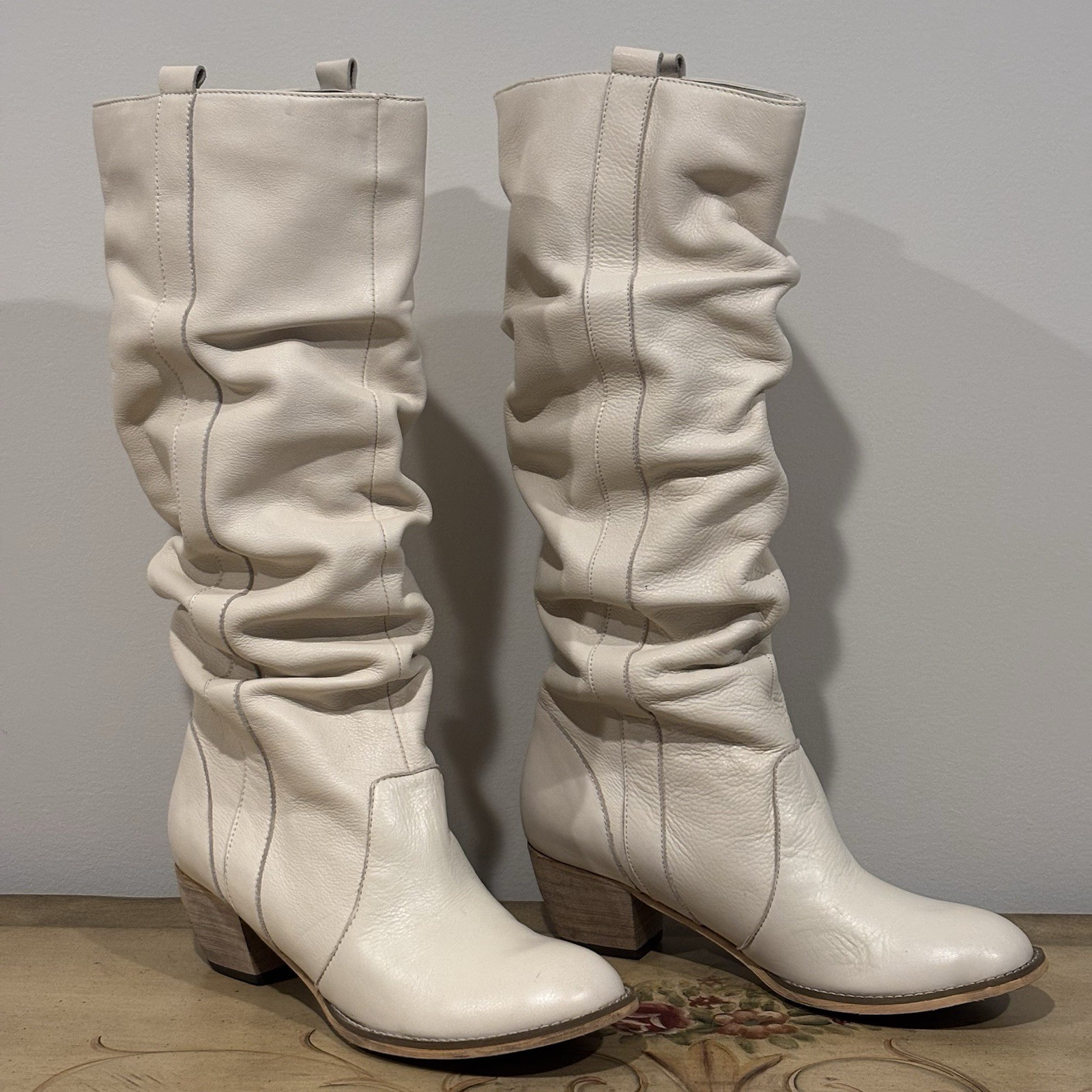 Vintage Colin Stuart Y2K Tall Cream Off-white Leather Boots Block Heel 8 Boho