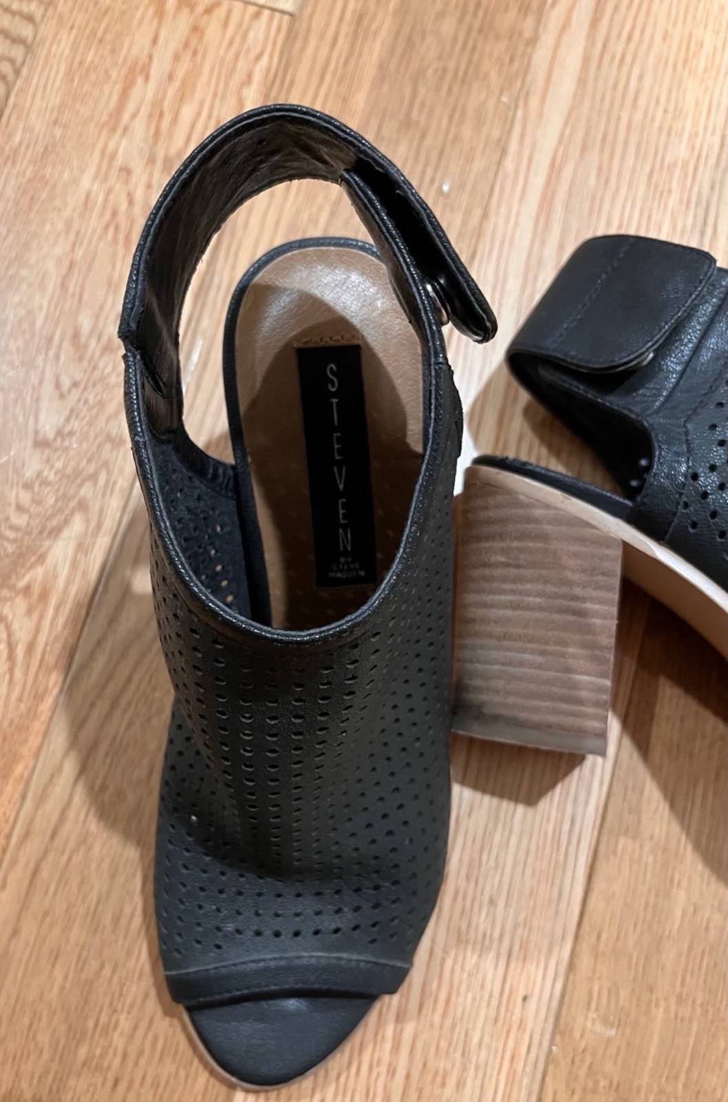 Steve Madden Leather Suzy Block Black Leather Sandal Heels Womens Size 8B