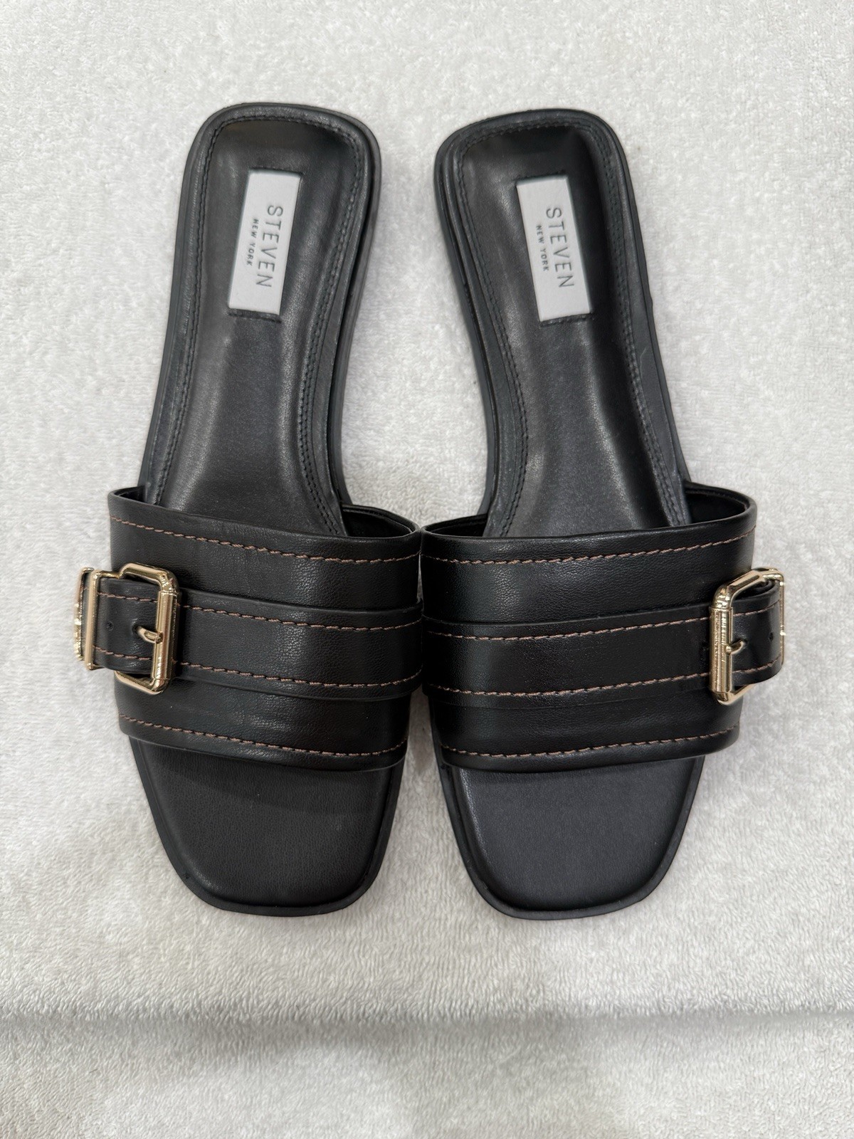 Steven New York Black Slide Sandals Gold Buckle Adjustable Women’s US Size 9