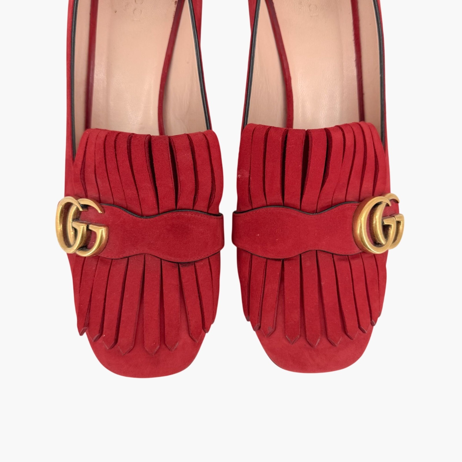 Gucci GG Marmont Fringe Loafer Pumps Heels Red Suede Size 41.5 US 11.5 Women’s