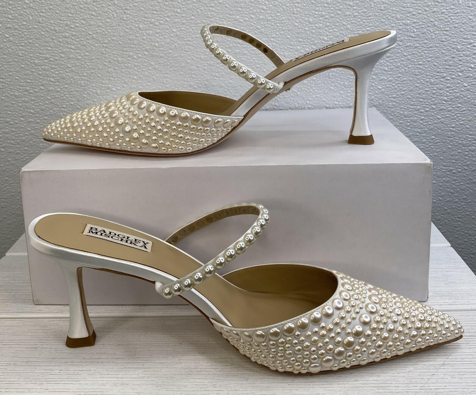 Badgley Mischka Duchess Pearl Heeled Mules, Soft White, 9.5 M