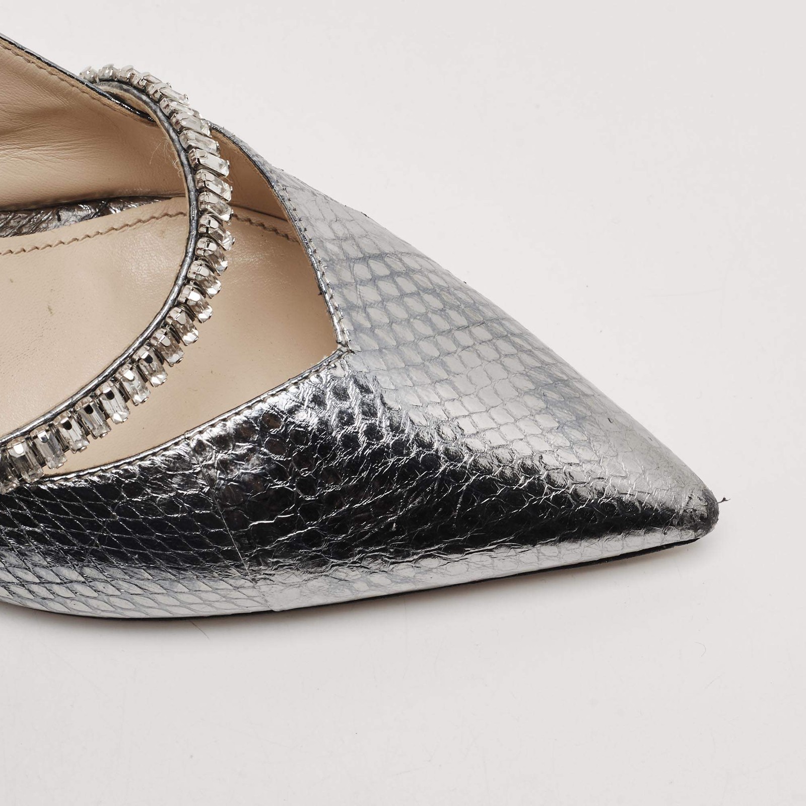 Prada Size 39 Metallic Silver Snakeskin Embossed Leather Crystal Embellished