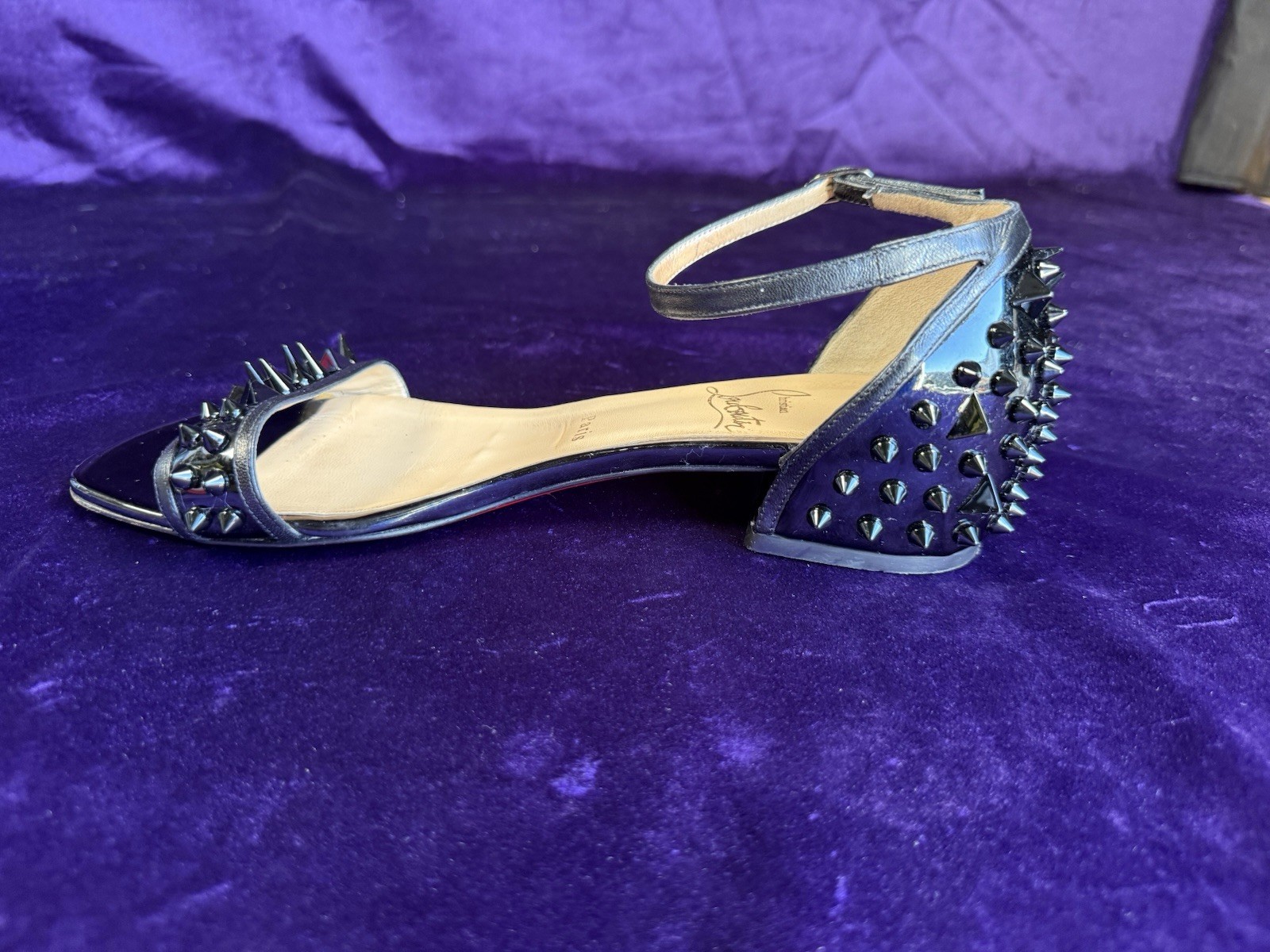Christian Louboutin Spike Accents Black Patent Leather Sandals Size 38 1/2