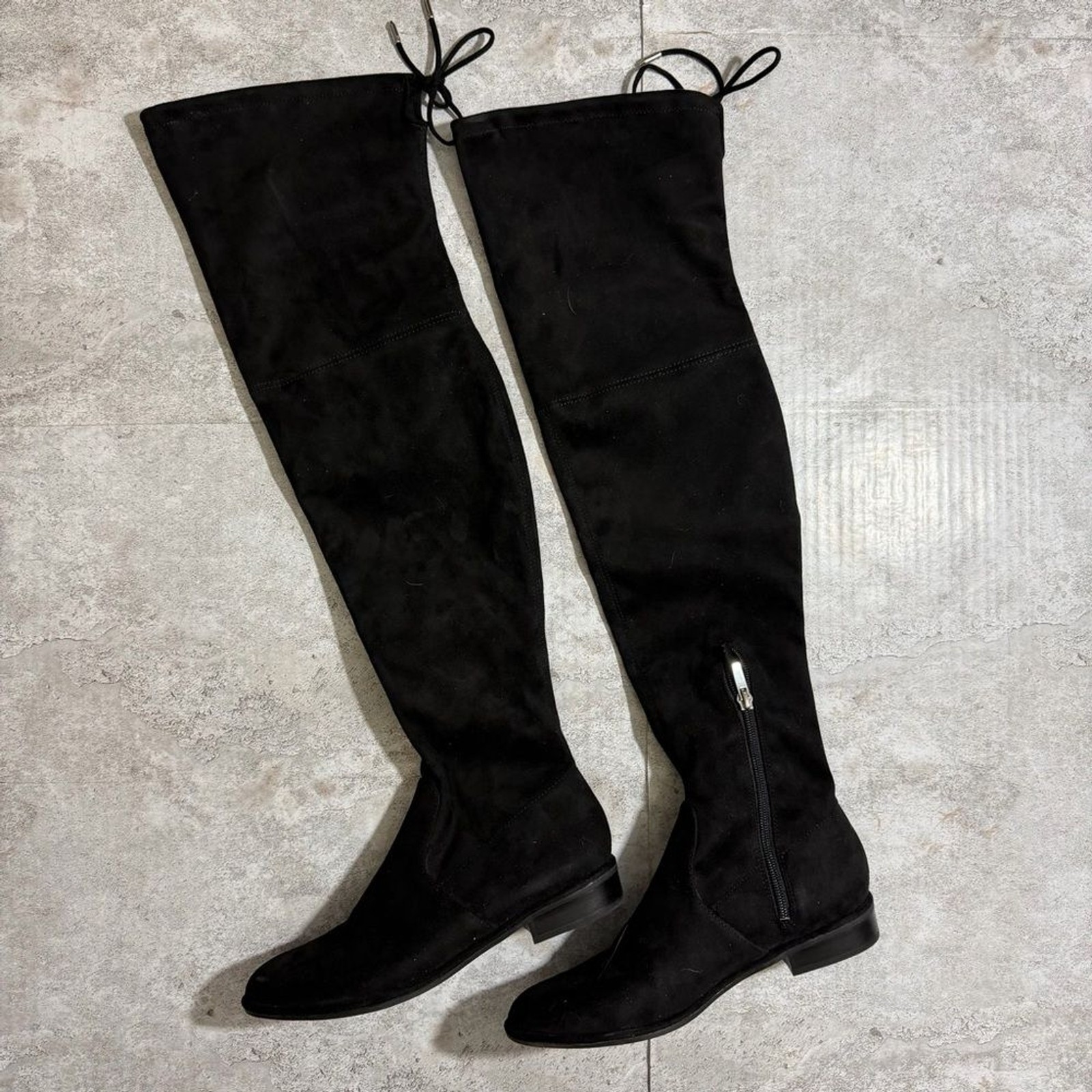 Marc Fisher Women Black Faux Suede Over The Knee Boots Low Heel Size 6M Tie Back