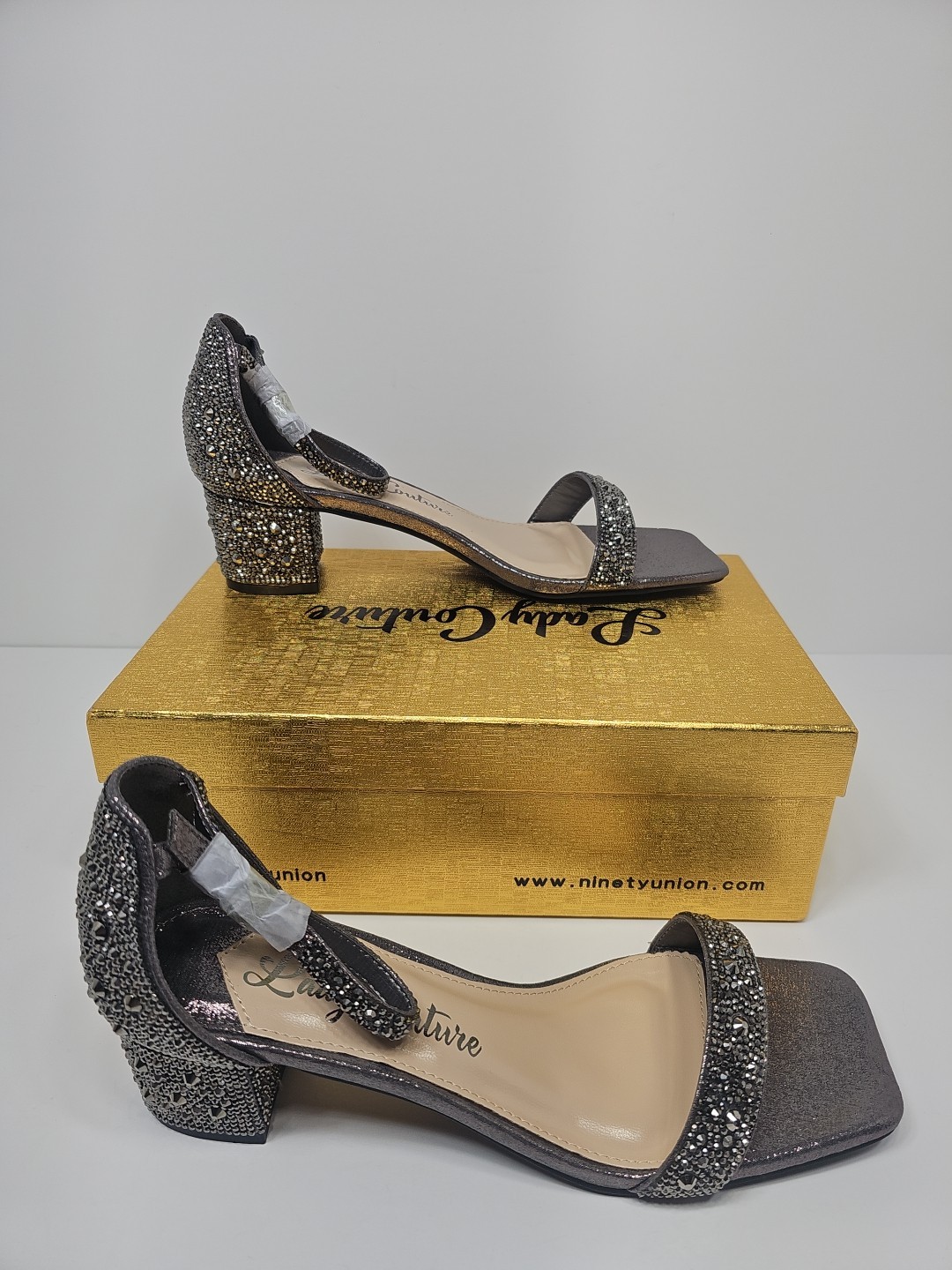 Ninety Union Lady Couture Dazzle 2 Inch Block Heel Rhinestone Sandal, Pewter, 9