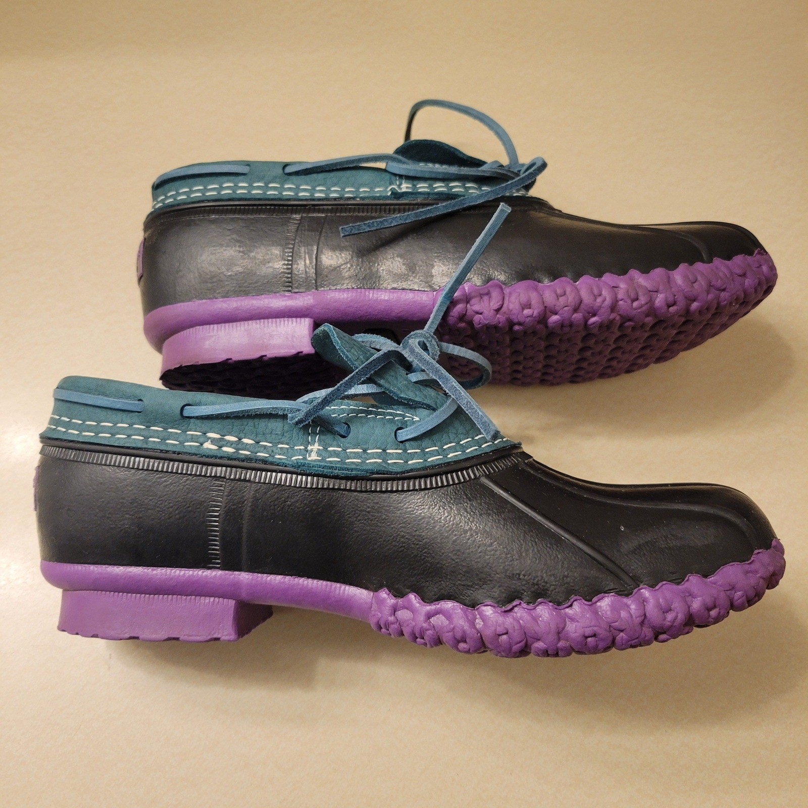 Rare VTG LL Bean Low Moc Duck Boots Sz 9 Teal Green Leather & Purple Maine Made