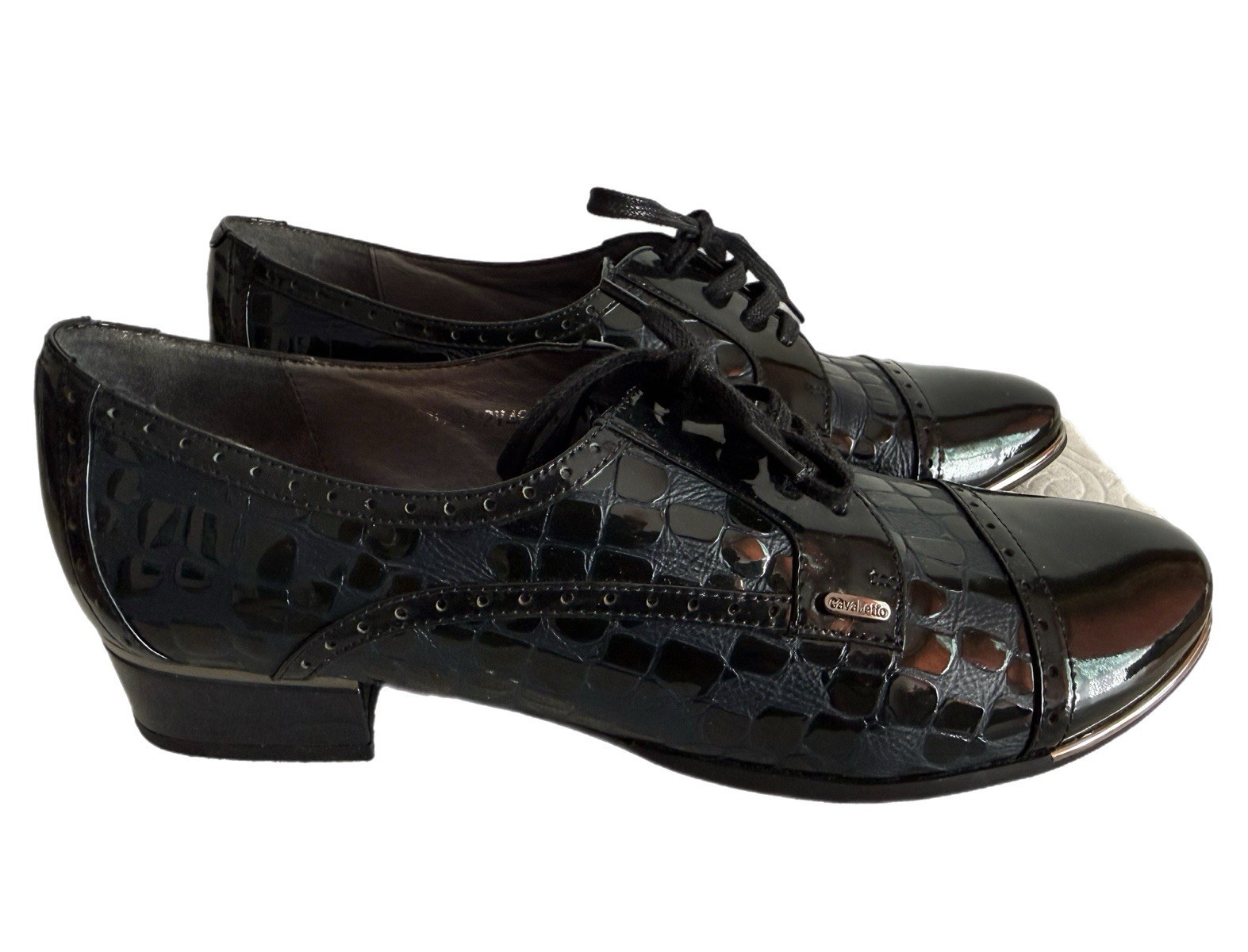 Cavaletto Women’s Black Leather Patent Croc Lace-Up Oxford Flats EU 39 US 8