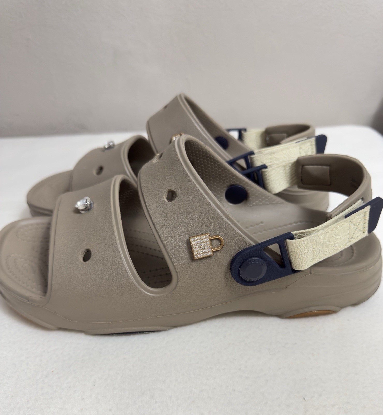 NWT Crocs All Terrain Sandal Taupe Beige Gold Jibbitz Charms Size W9 M7