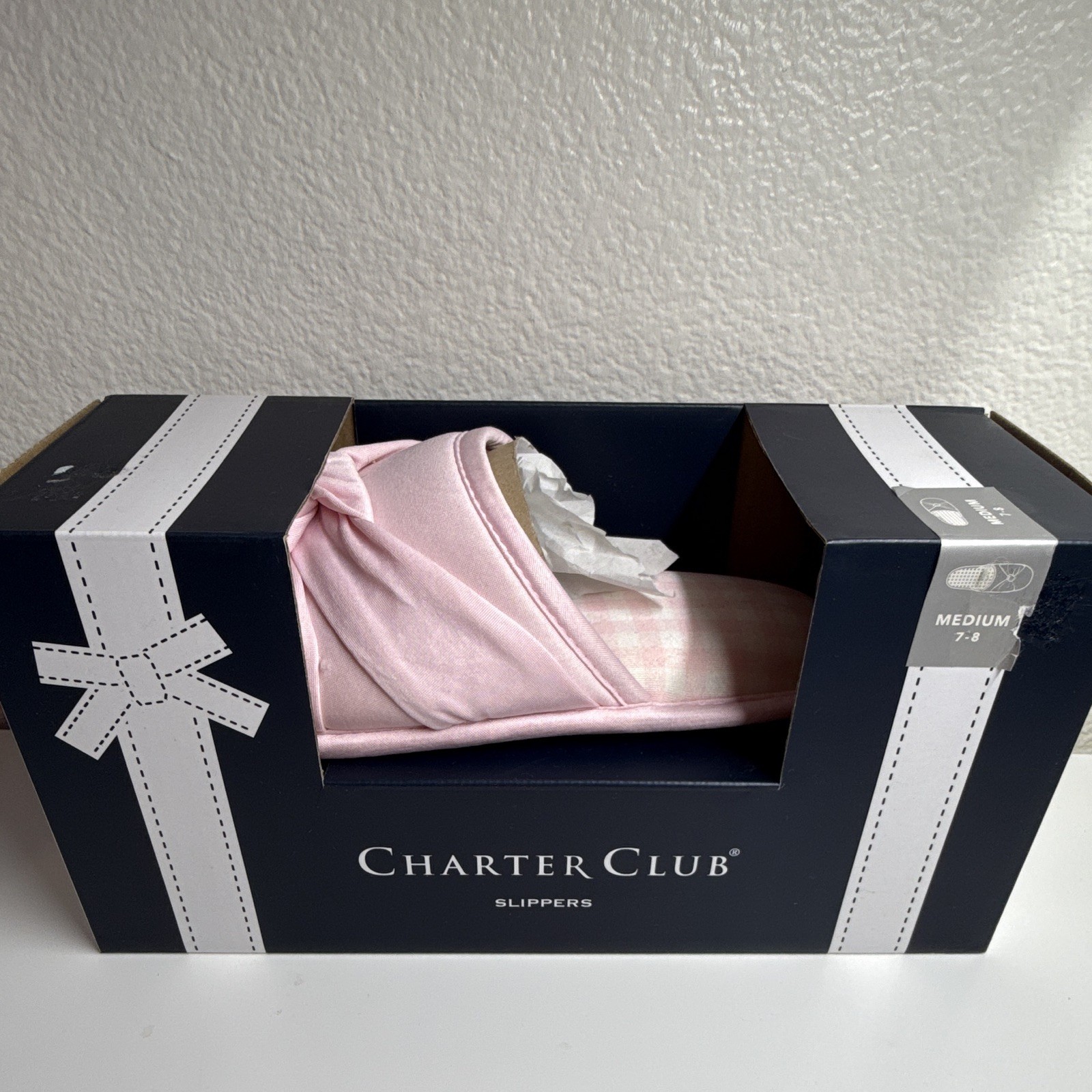 Charter Club Women’s Pink Slip-On Slippers 7-8M Satin Plaid Open Toe Bow