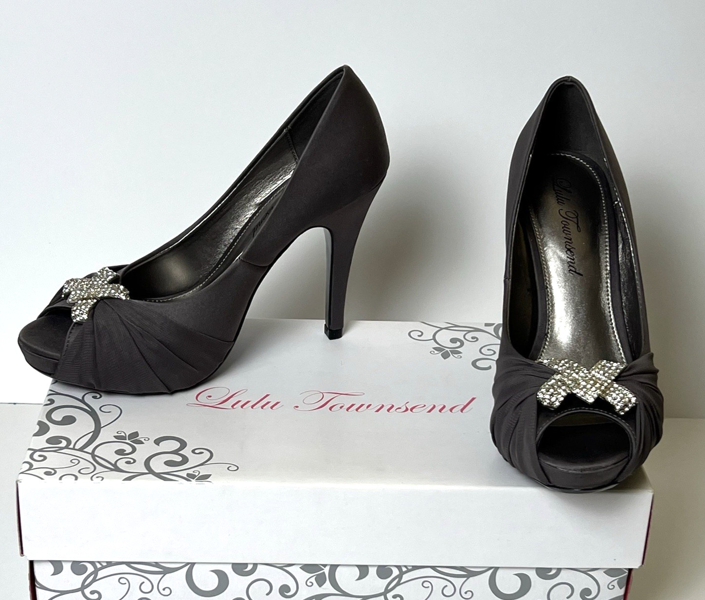 Lulu Townsend Shoes Stiletto Heels Platform Peep Toe Rhinestone Dark Gray 6.5